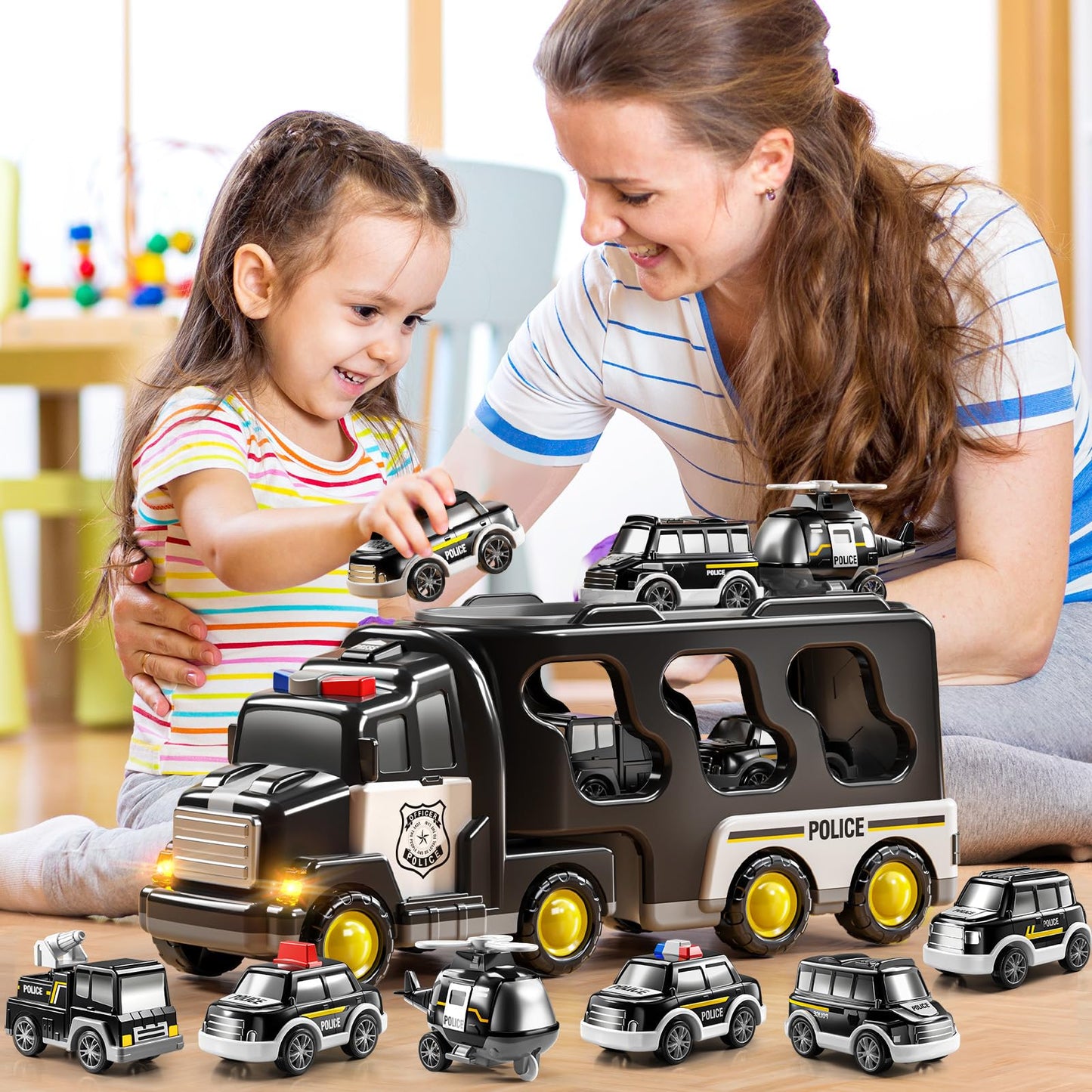 JUKUDAHU 7-in-1 Police Truck Carrier Toy Set for Kids 3-9 – Friction Powered Vehicles