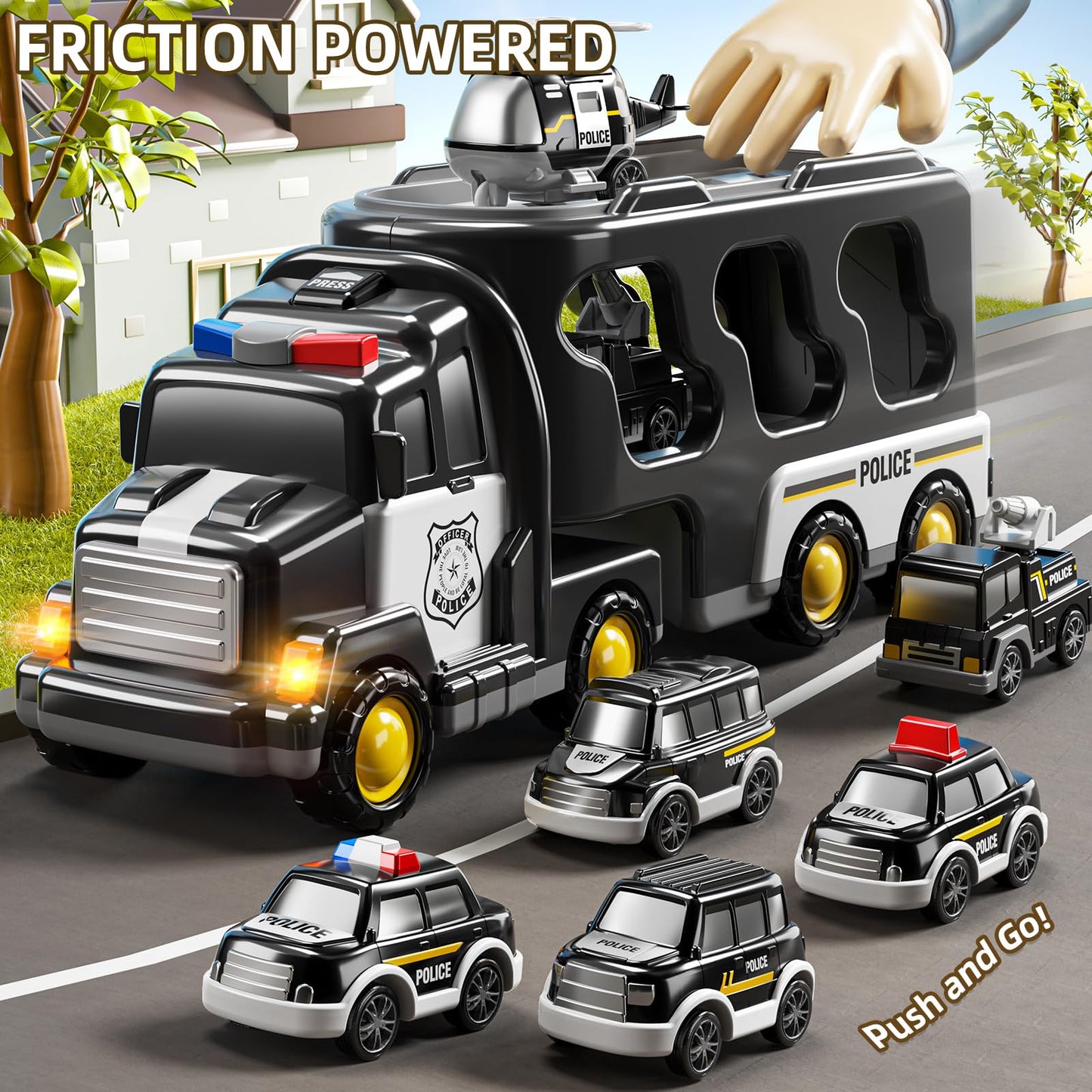 JUKUDAHU 7-in-1 Police Truck Carrier Toy Set for Kids 3-9 – Friction Powered Vehicles