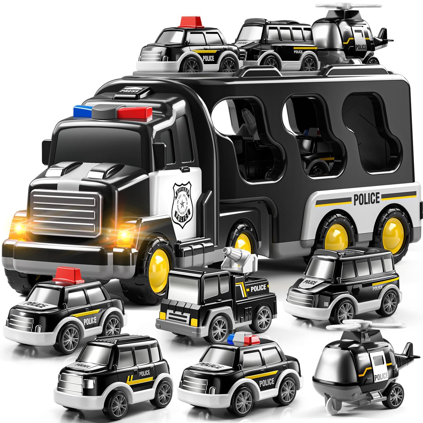 JUKUDAHU 7-in-1 Police Truck Carrier Toy Set for Kids 3-9 – Friction Powered Vehicles