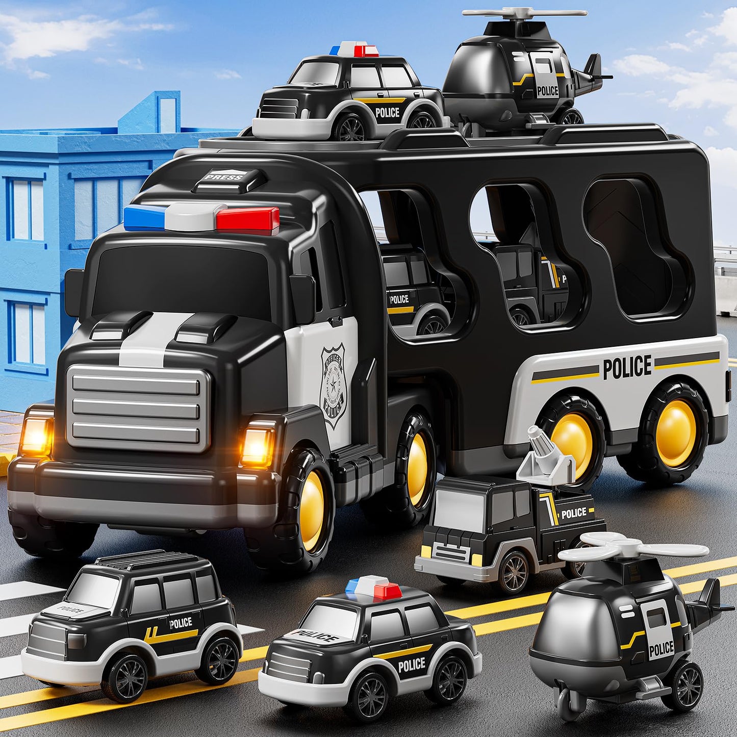 JUKUDAHU Police Truck Toy Set – 5-in-1 Carrier Vehicle for Ages 3-9