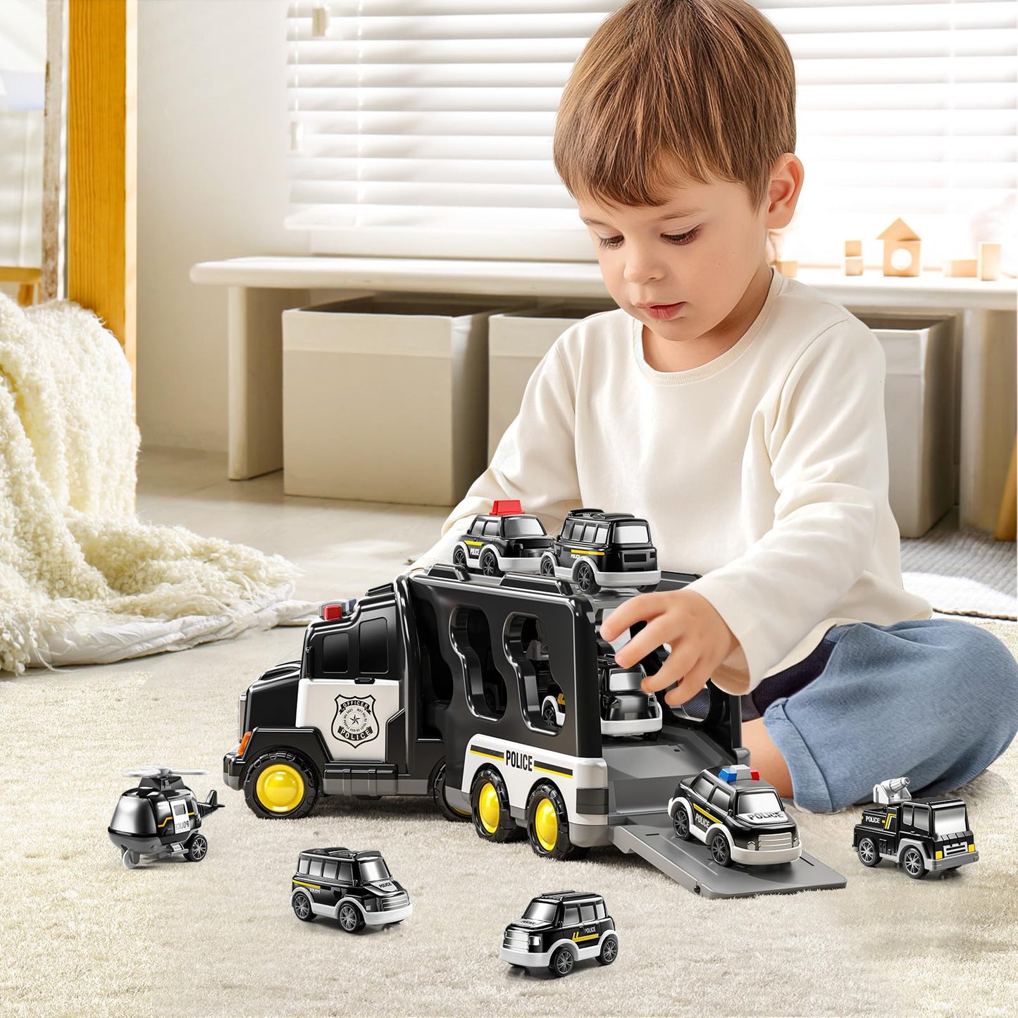 JUKUDAHU Police Truck Toy Set – 5-in-1 Carrier Vehicle for Ages 3-9
