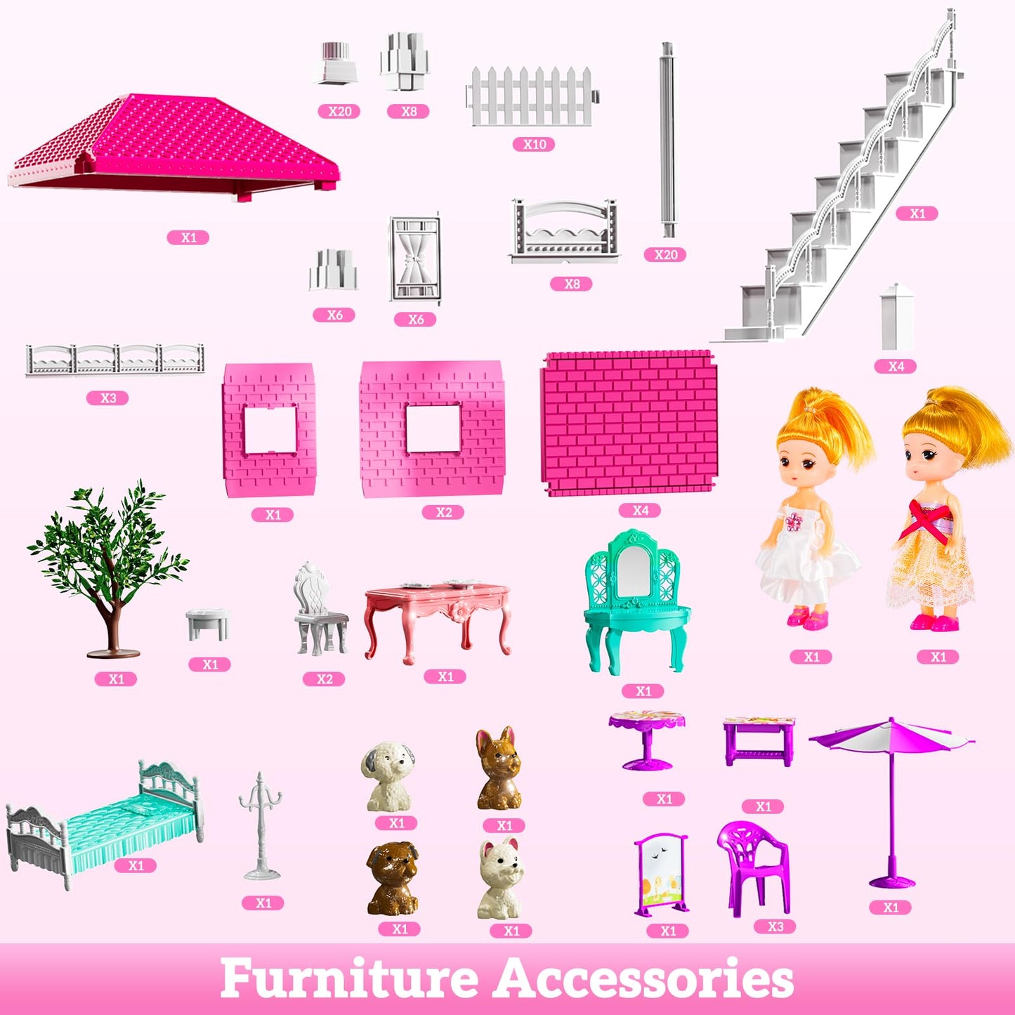 JUKUDAHU Villa Playset – 2-Storey Indoor Dollhouse for Girls 3–8 with 2 Dolls and Accessories