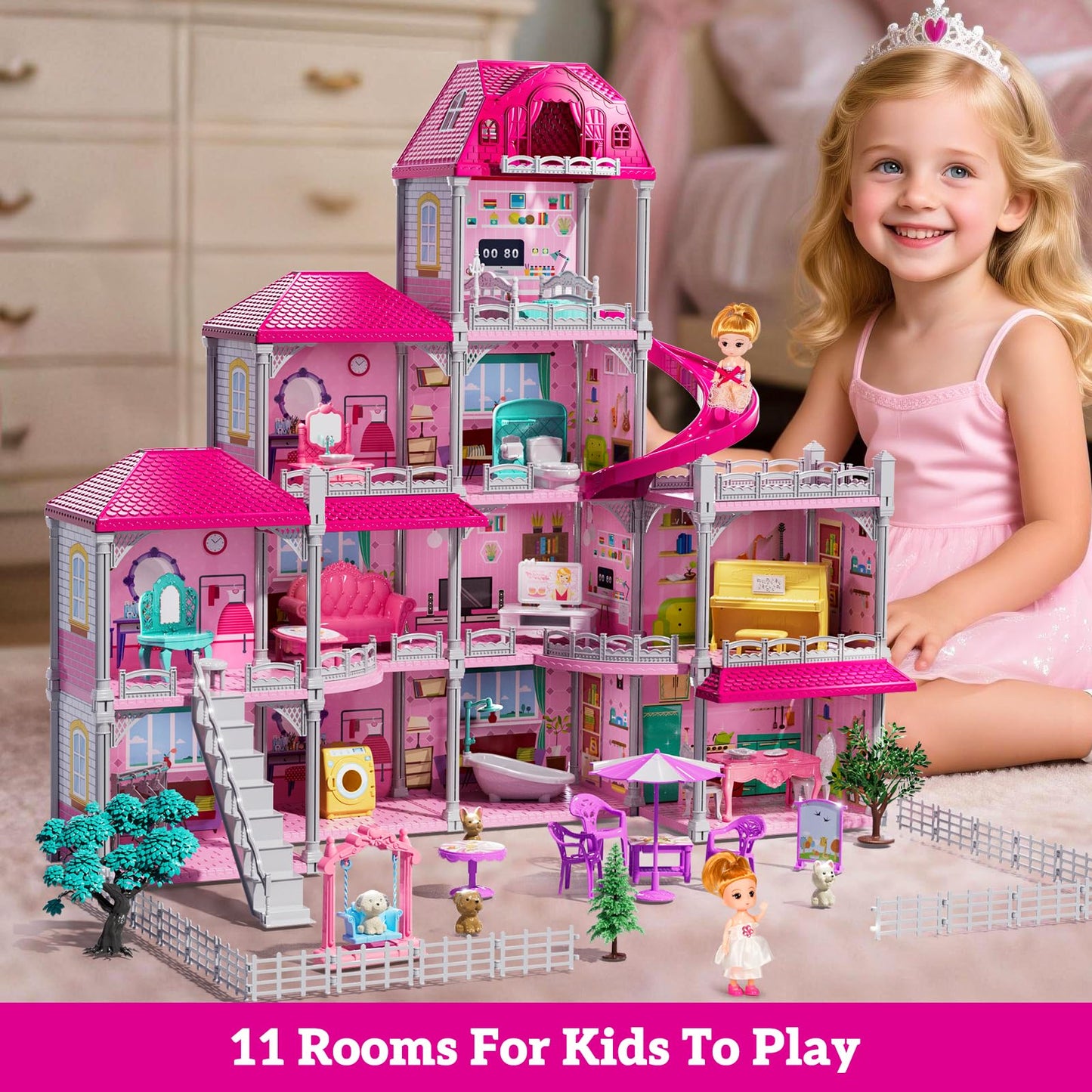 JUKUDAHU Villa Playset – 4-Storey Dollhouse for Girls 3-7 with 11 Rooms & Accessories