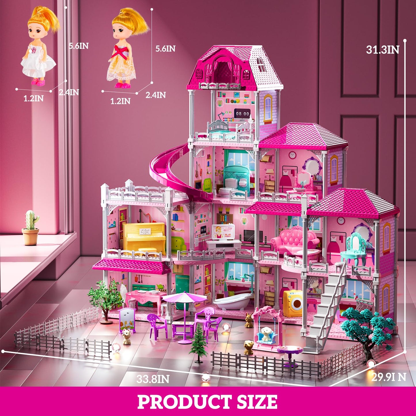JUKUDAHU Villa Playset – 4-Storey Dollhouse for Girls 3-7 with 11 Rooms & Accessories