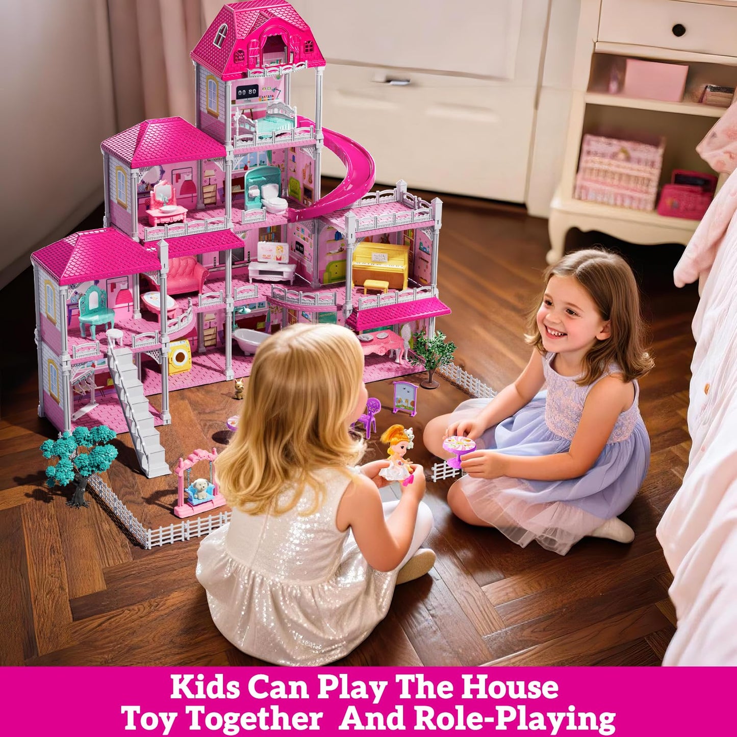 JUKUDAHU Villa Playset – 4-Storey Dollhouse for Girls 3-7 with 11 Rooms & Accessories