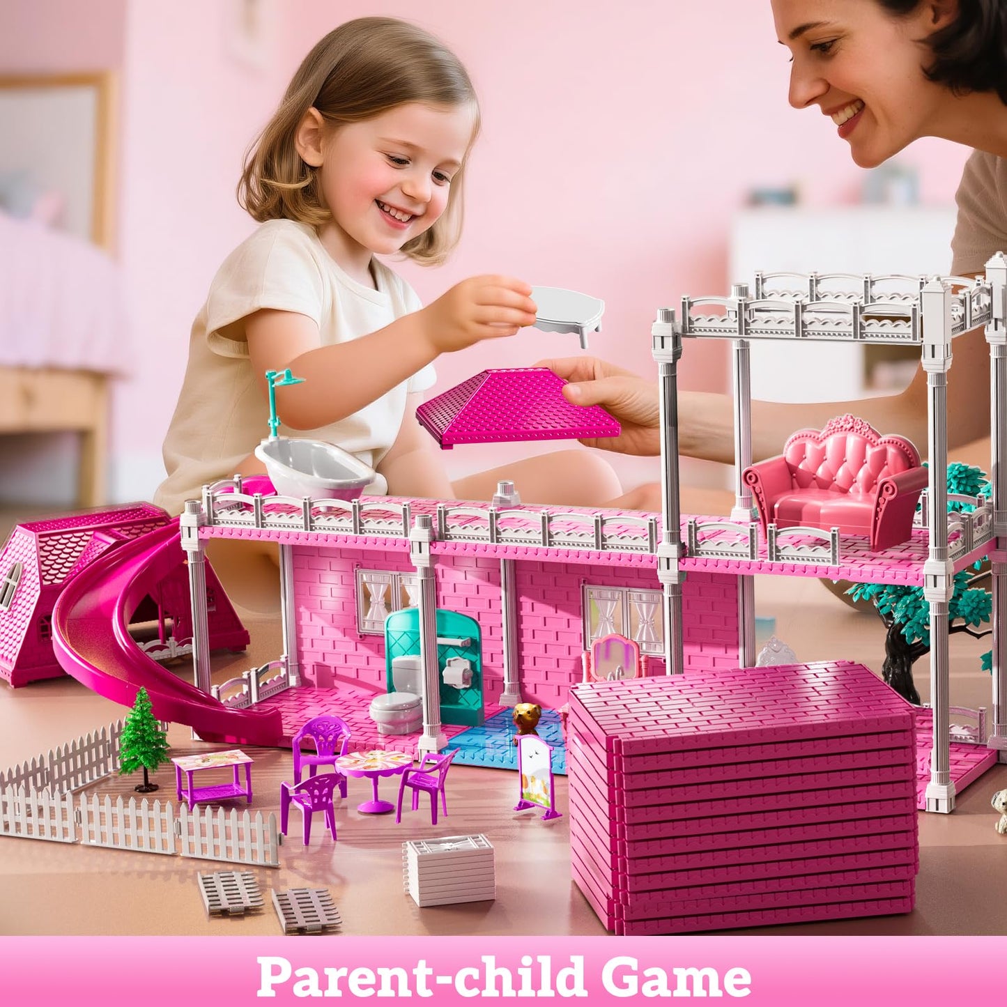 JUKUDAHU Villa Playset – 3-Storey Dollhouse with 7 Rooms, 2 Dolls, Indoor Toys for Girls 3-7