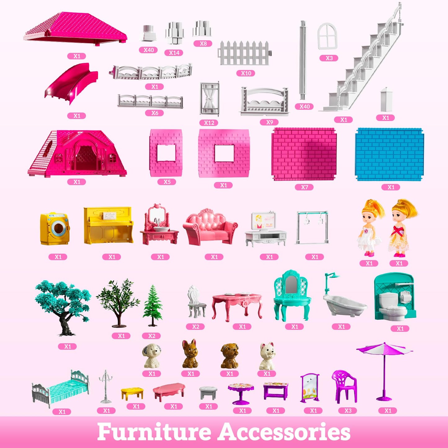 JUKUDAHU Villa Playset – 3-Storey Dollhouse with 7 Rooms, 2 Dolls, Indoor Toys for Girls 3-7