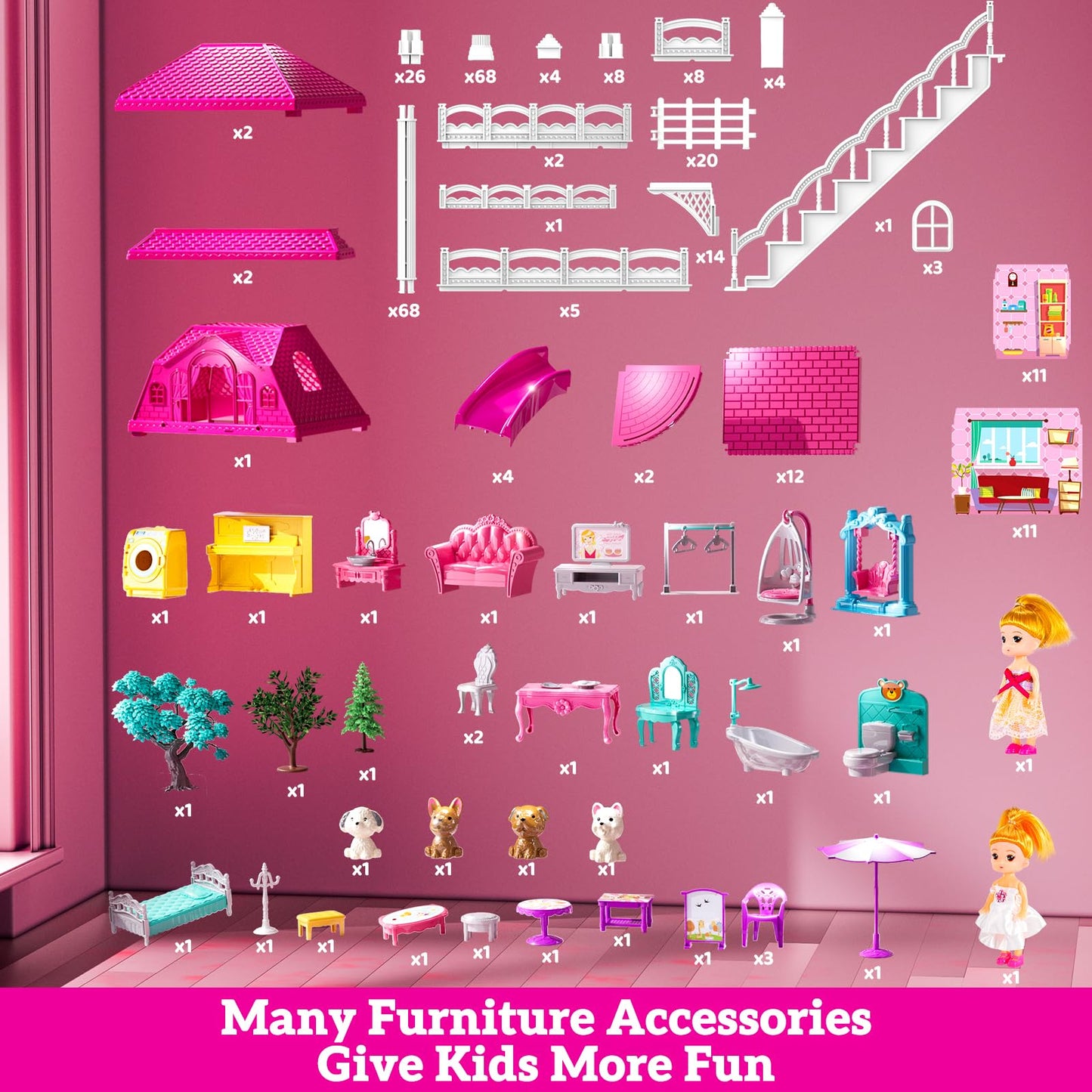 JUKUDAHU Villa Playset – 4-Storey Dollhouse for Girls 3-7 with 11 Rooms & Accessories