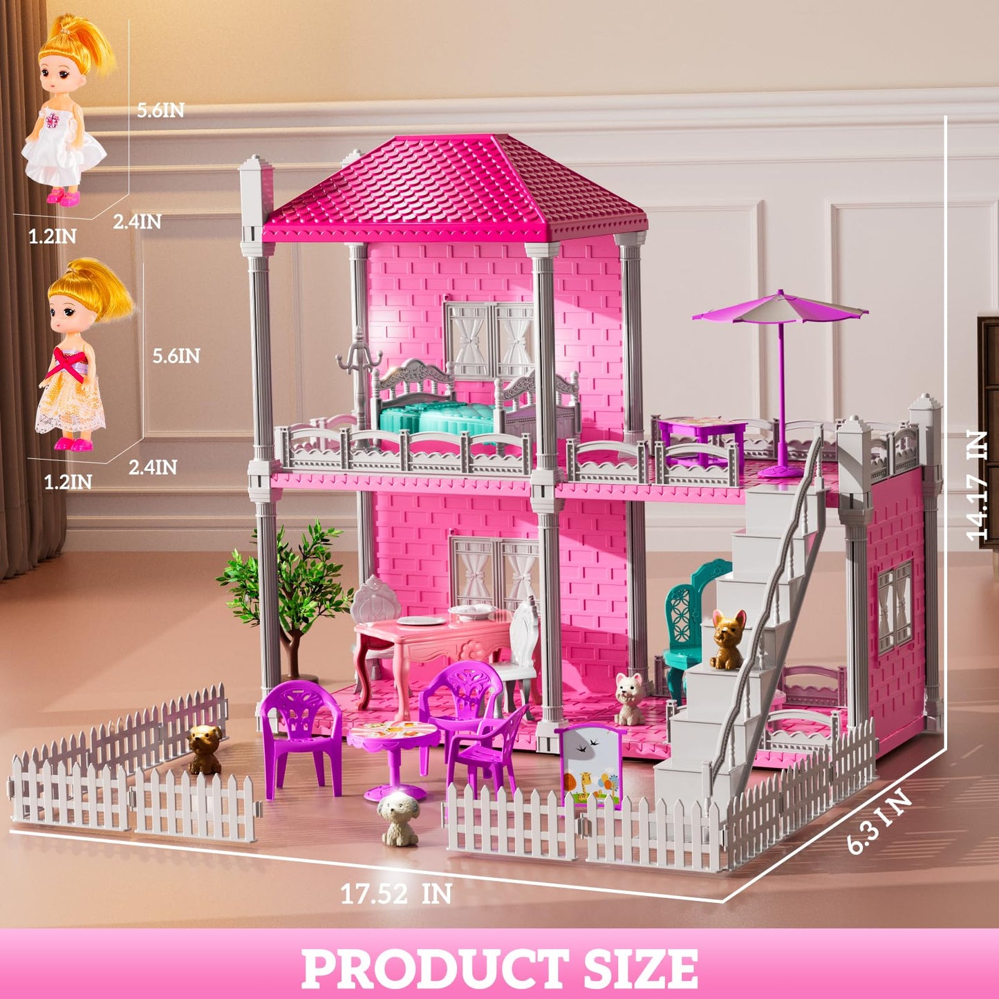 JUKUDAHU Villa Playset – 2-Storey Indoor Dollhouse for Girls 3–8 with 2 Dolls and Accessories