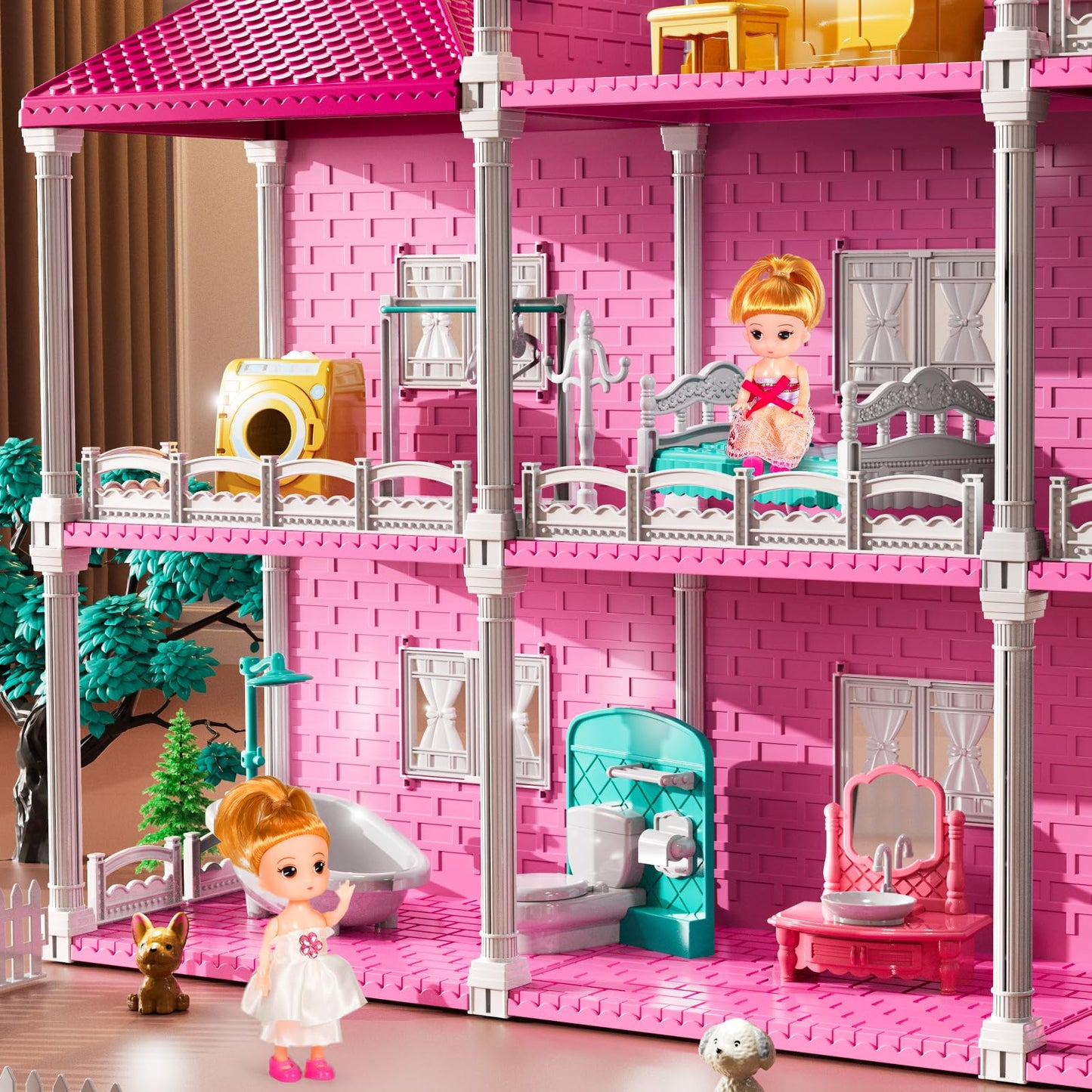 JUKUDAHU Villa Playset – 3-Storey Dollhouse with 7 Rooms, 2 Dolls, Indoor Toys for Girls 3-7