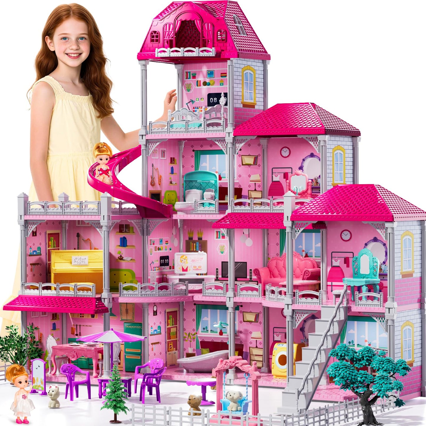 JUKUDAHU Villa Playset – 4-Storey Dollhouse for Girls 3-7 with 11 Rooms & Accessories