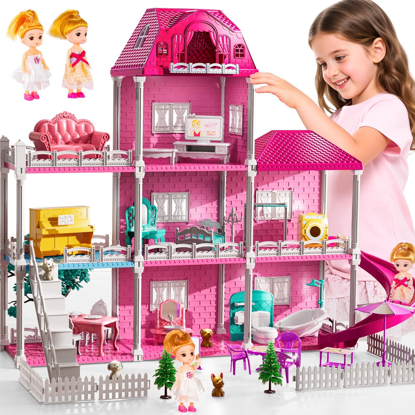 JUKUDAHU Villa Playset – 3-Storey Dollhouse with 7 Rooms, 2 Dolls, Indoor Toys for Girls 3-7