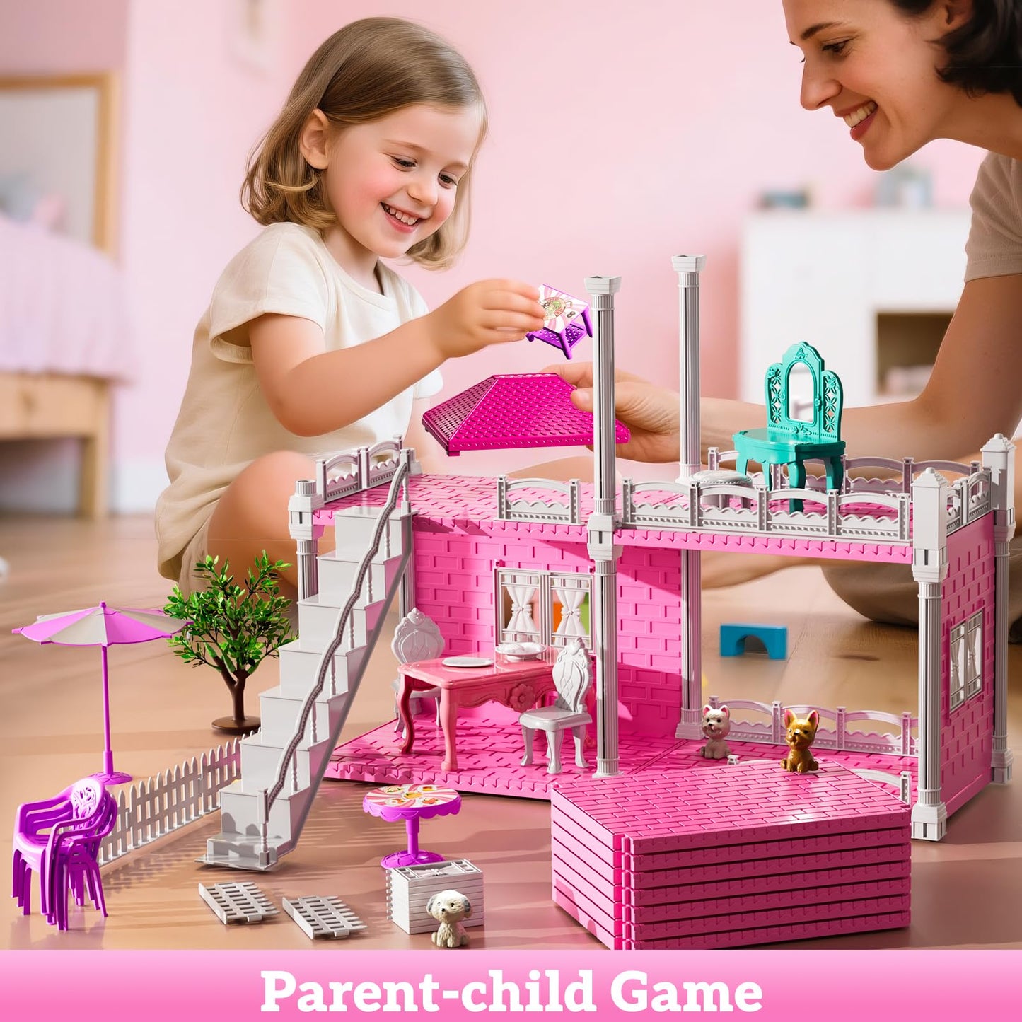 JUKUDAHU Villa Playset – 2-Storey Indoor Dollhouse for Girls 3–8 with 2 Dolls and Accessories