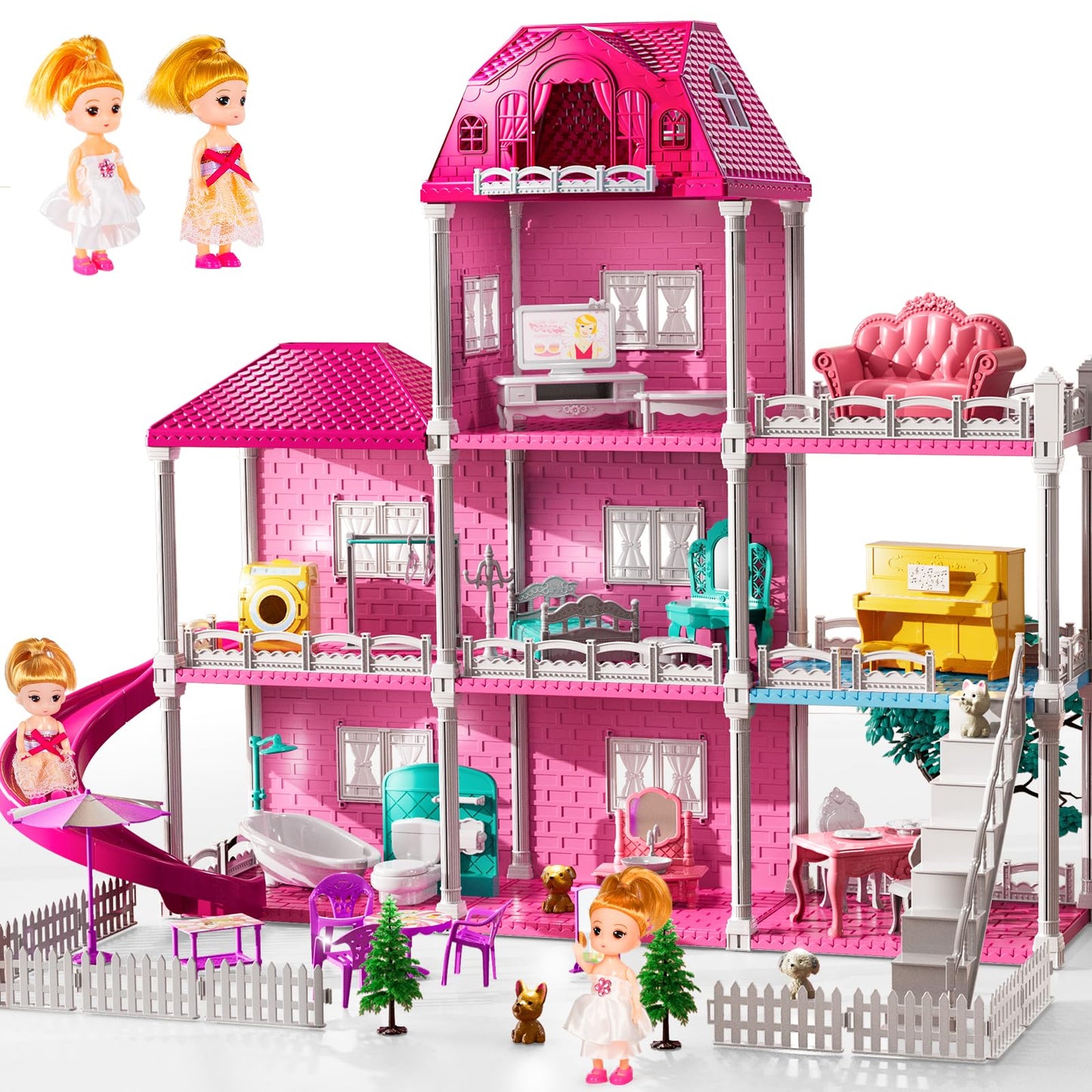 JUKUDAHU Villa Playset – 3-Storey Dollhouse with 7 Rooms, 2 Dolls, Indoor Toys for Girls 3-7