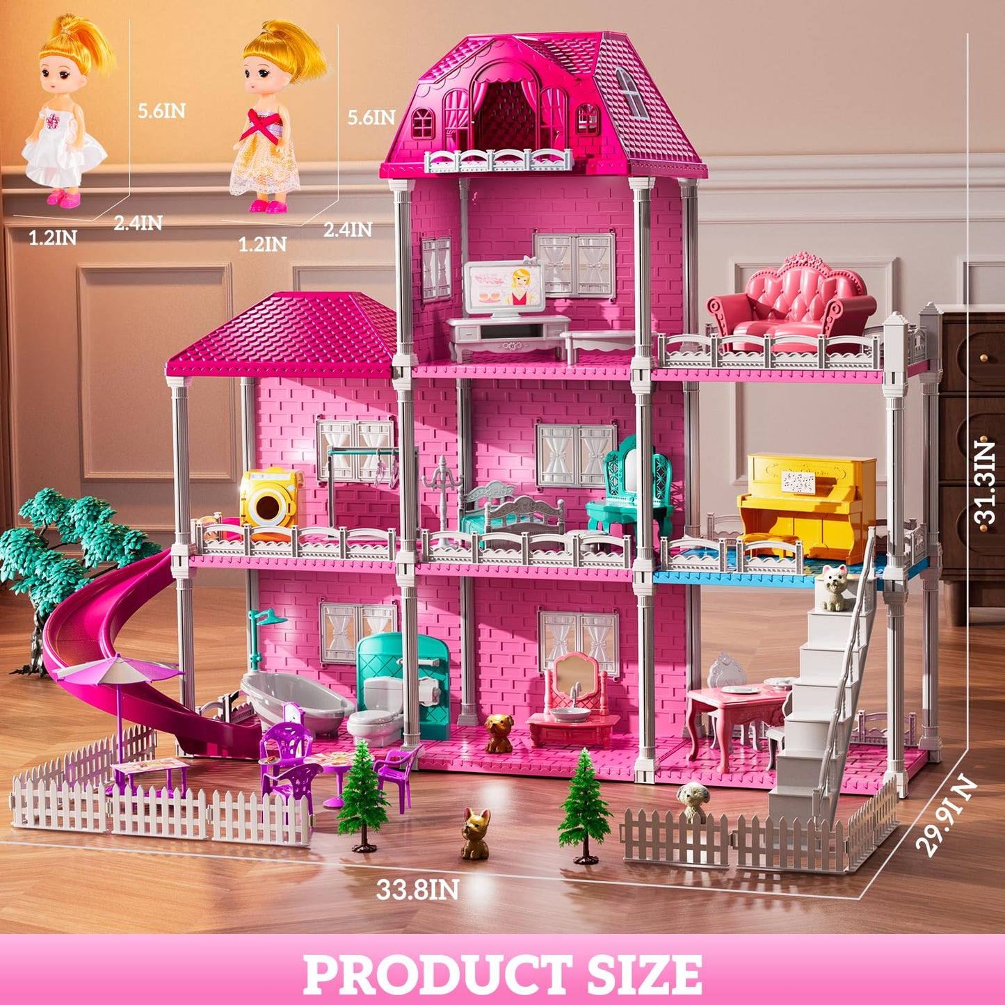 JUKUDAHU Villa Playset – 3-Storey Dollhouse with 7 Rooms, 2 Dolls, Indoor Toys for Girls 3-7