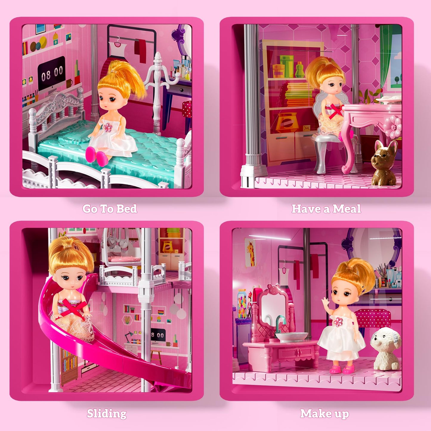 JUKUDAHU Villa Playset – 4-Storey Dollhouse for Girls 3-7 with 11 Rooms & Accessories