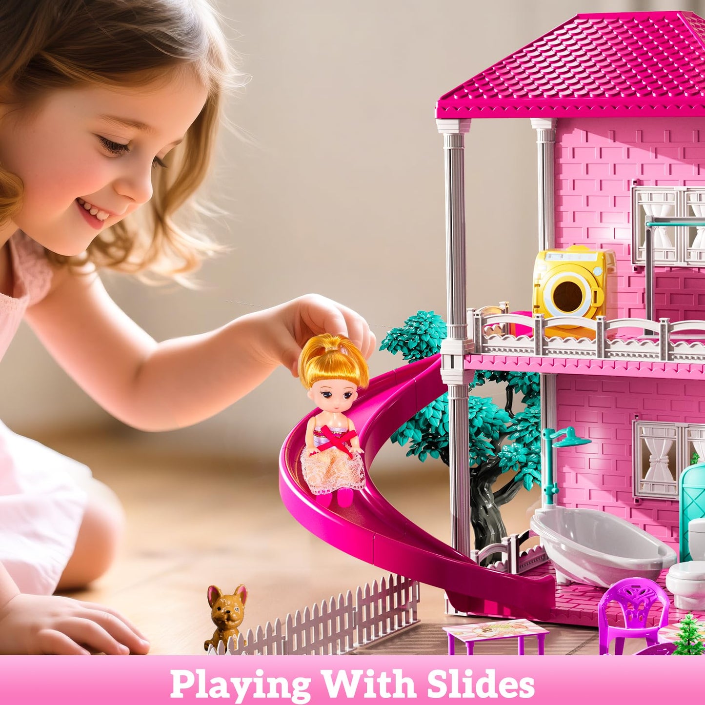 JUKUDAHU Villa Playset – 3-Storey Dollhouse with 7 Rooms, 2 Dolls, Indoor Toys for Girls 3-7