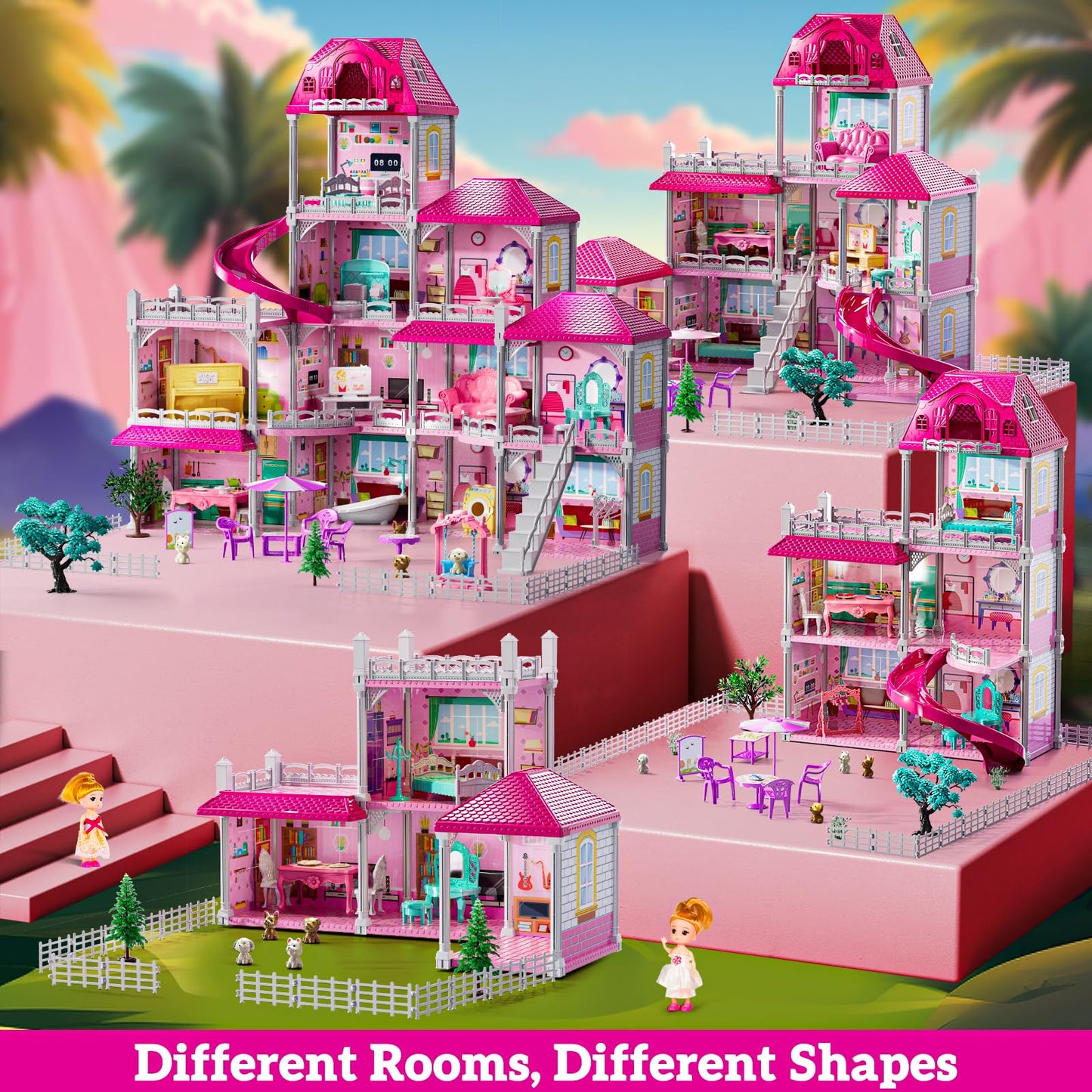 JUKUDAHU Villa Playset – 4-Storey Dollhouse for Girls 3-7 with 11 Rooms & Accessories