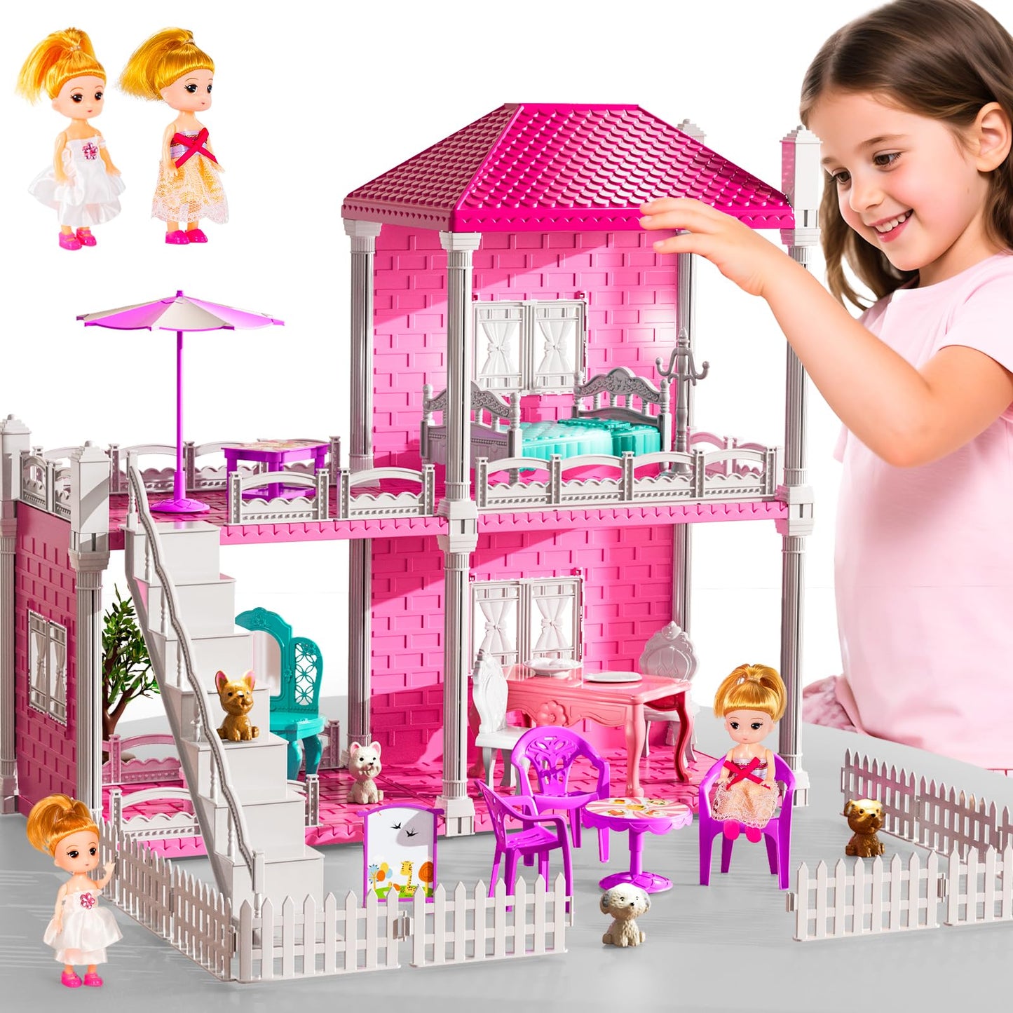 JUKUDAHU Villa Playset – 2-Storey Indoor Dollhouse for Girls 3–8 with 2 Dolls and Accessories
