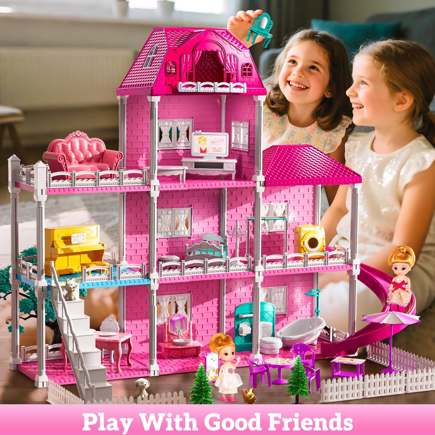 JUKUDAHU Villa Playset – 3-Storey Dollhouse with 7 Rooms, 2 Dolls, Indoor Toys for Girls 3-7