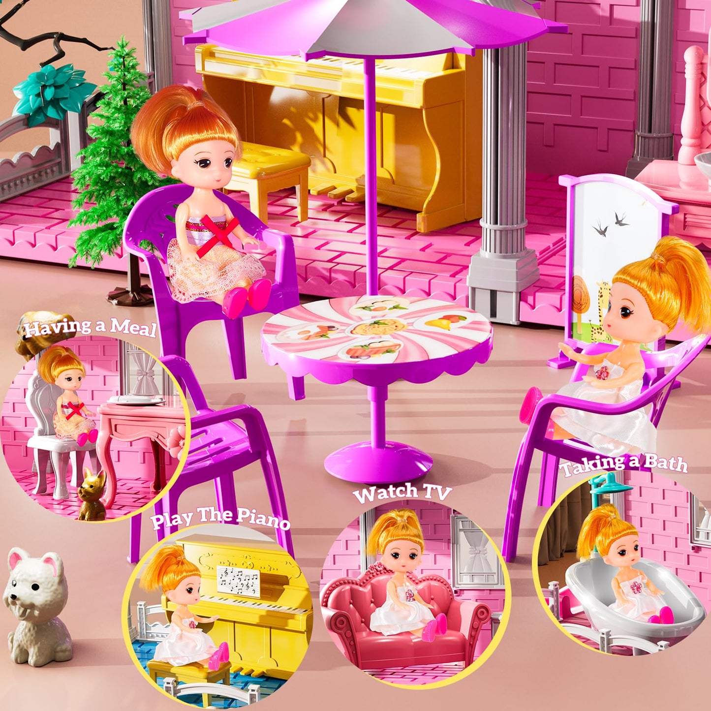 JUKUDAHU Villa Playset – 3-Storey Dollhouse with 7 Rooms, 2 Dolls, Indoor Toys for Girls 3-7
