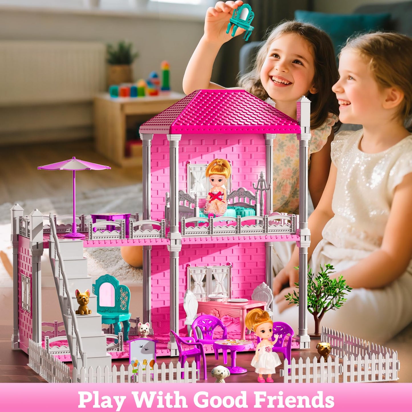 JUKUDAHU Villa Playset – 2-Storey Indoor Dollhouse for Girls 3–8 with 2 Dolls and Accessories
