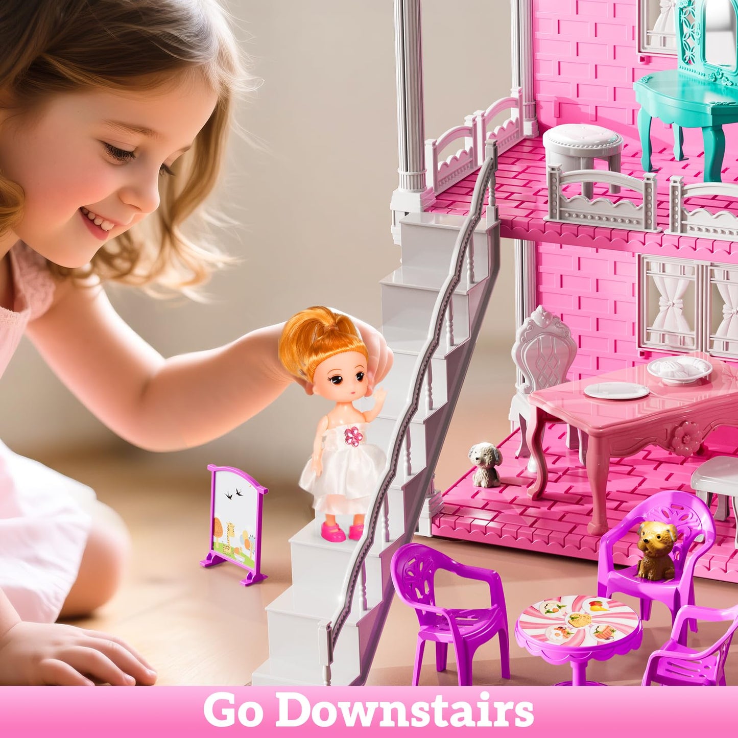 JUKUDAHU Villa Playset – 2-Storey Indoor Dollhouse for Girls 3–8 with 2 Dolls and Accessories