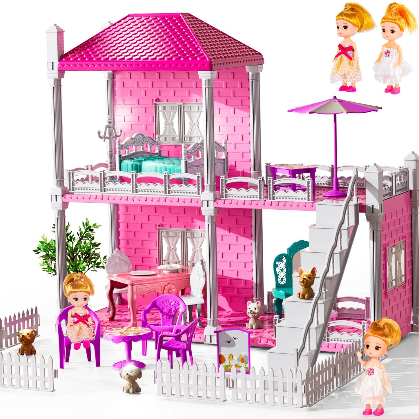 JUKUDAHU Villa Playset – 2-Storey Indoor Dollhouse for Girls 3–8 with 2 Dolls and Accessories