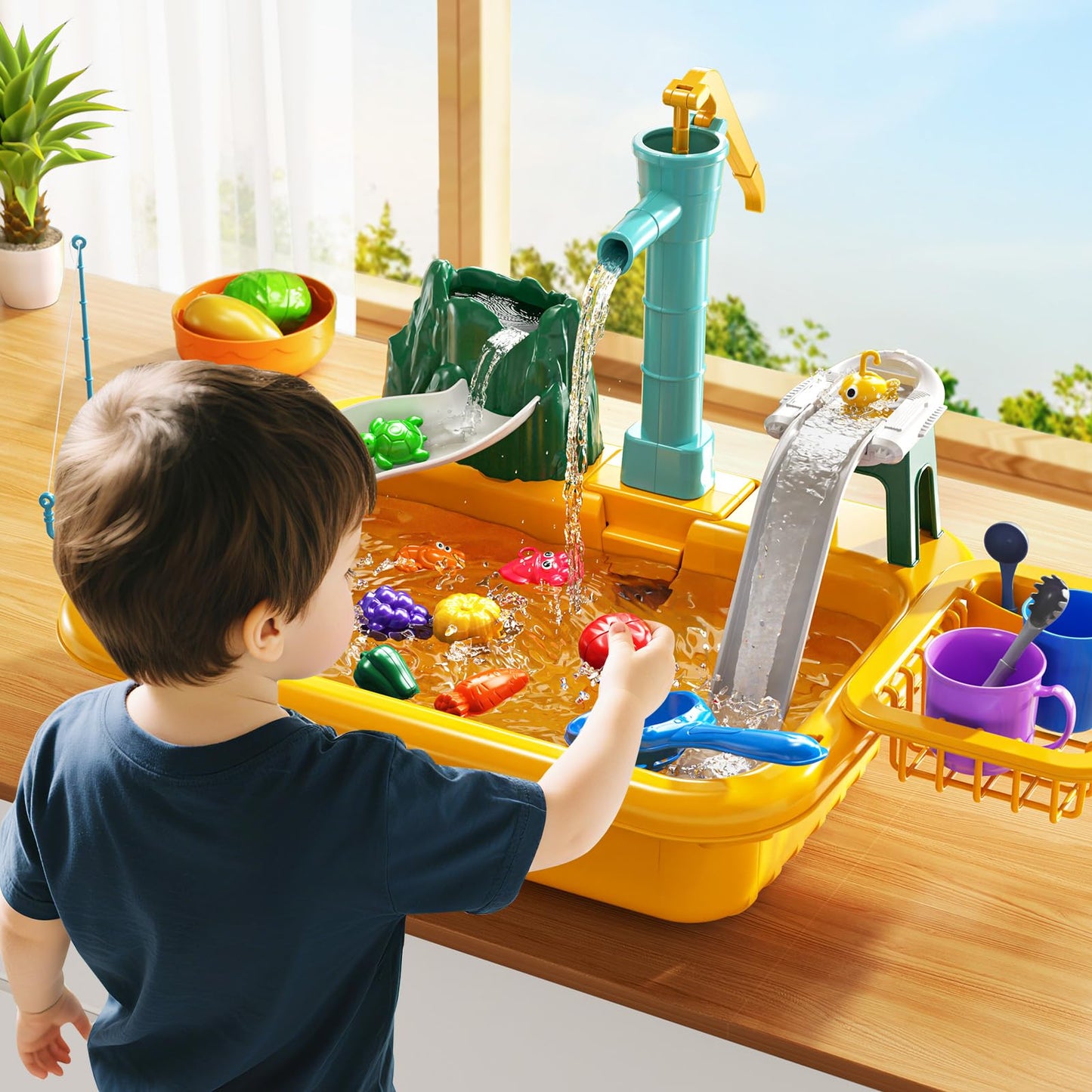 JUKUDAHU Water Table Play Sink Toy for Kids 3-8 — Outdoor Water Play, Fishing, Color-Changing Dishes