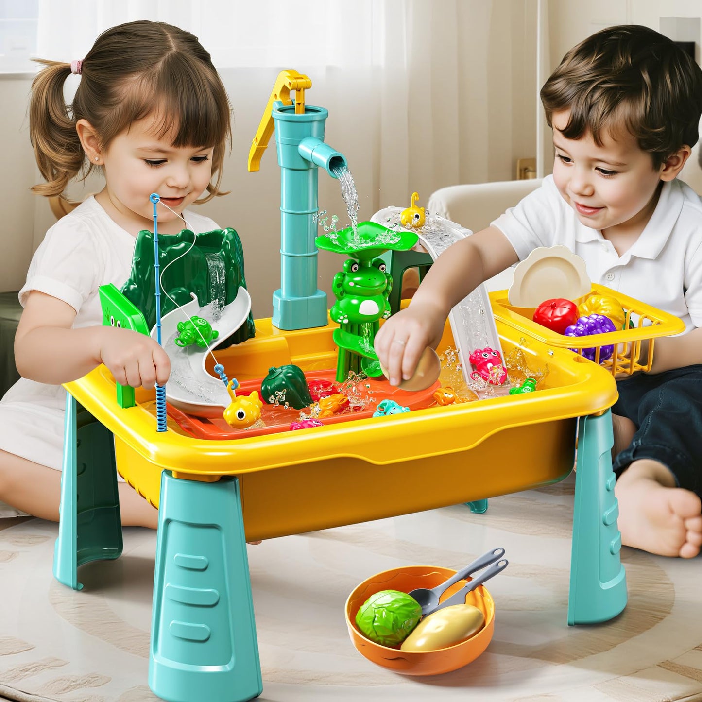 JUKUDAHU Water Table Play Sink Toy for Kids 3-8 — Outdoor Water Play, Fishing, Color-Changing Dishes