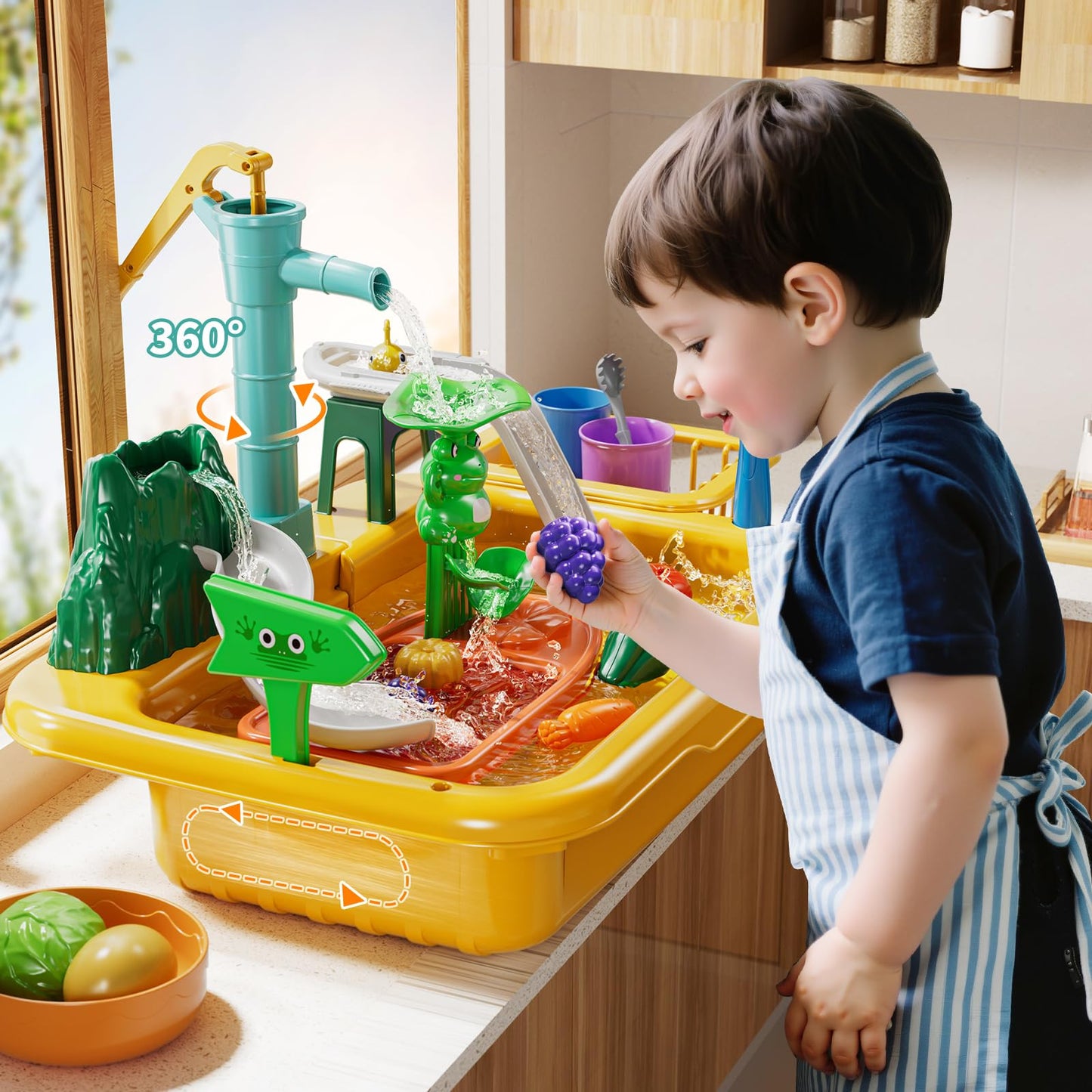 JUKUDAHU Water Table Play Sink Toy for Kids 3-8 — Outdoor Water Play, Fishing, Color-Changing Dishes