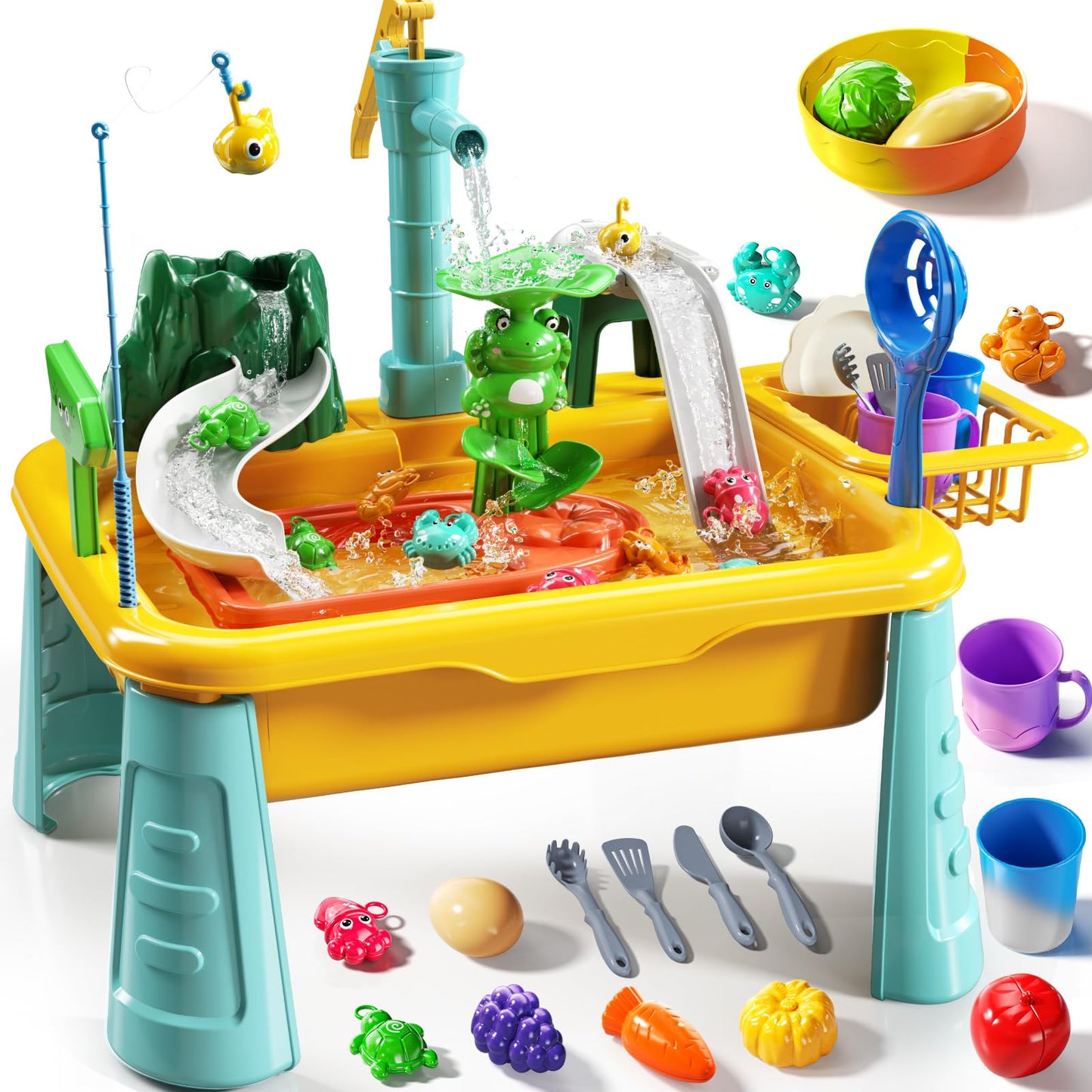 JUKUDAHU Water Table Play Sink Toy for Kids 3-8 — Outdoor Water Play, Fishing, Color-Changing Dishes