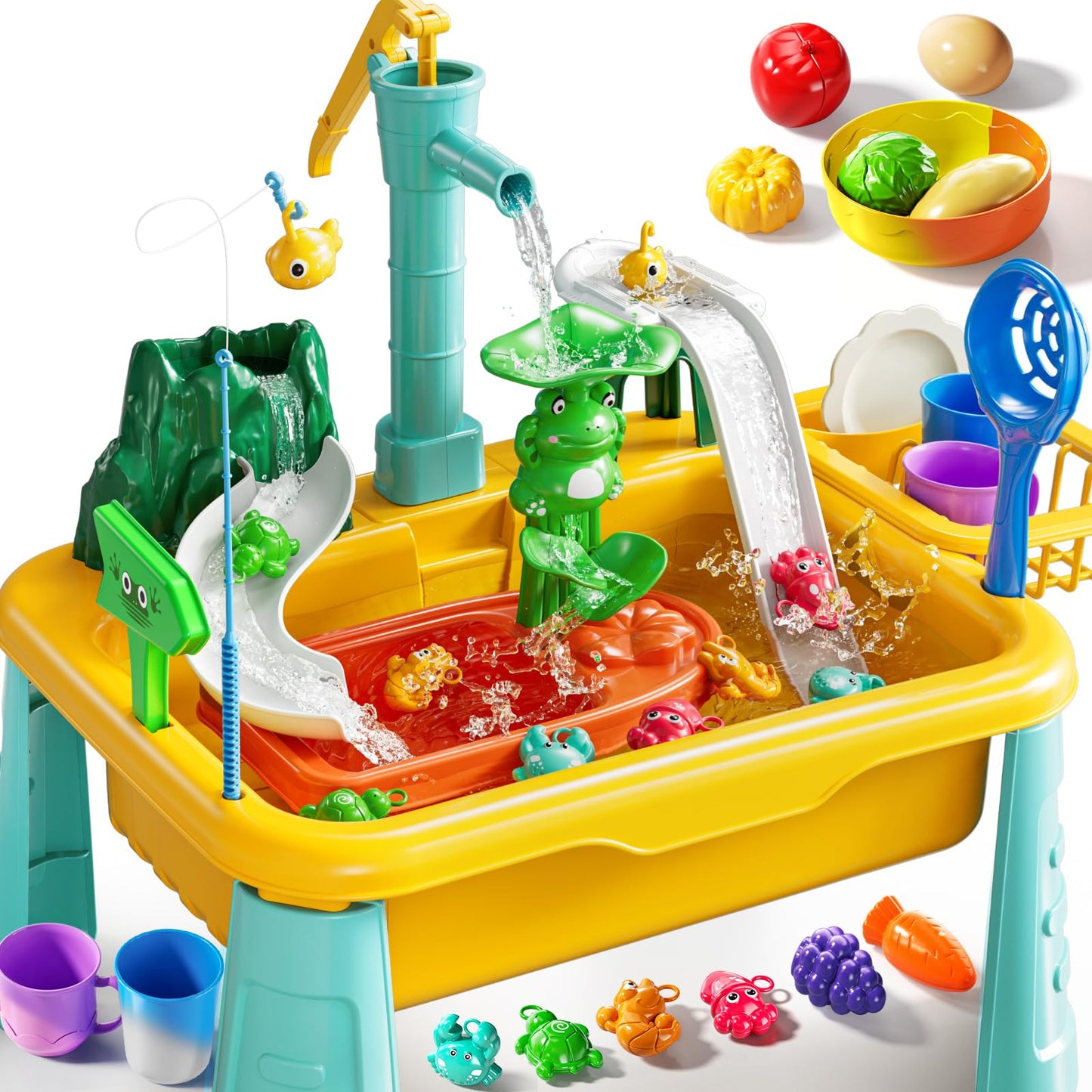 JUKUDAHU Water Table Play Sink Toy for Kids 3-8 — Outdoor Water Play, Fishing, Color-Changing Dishes