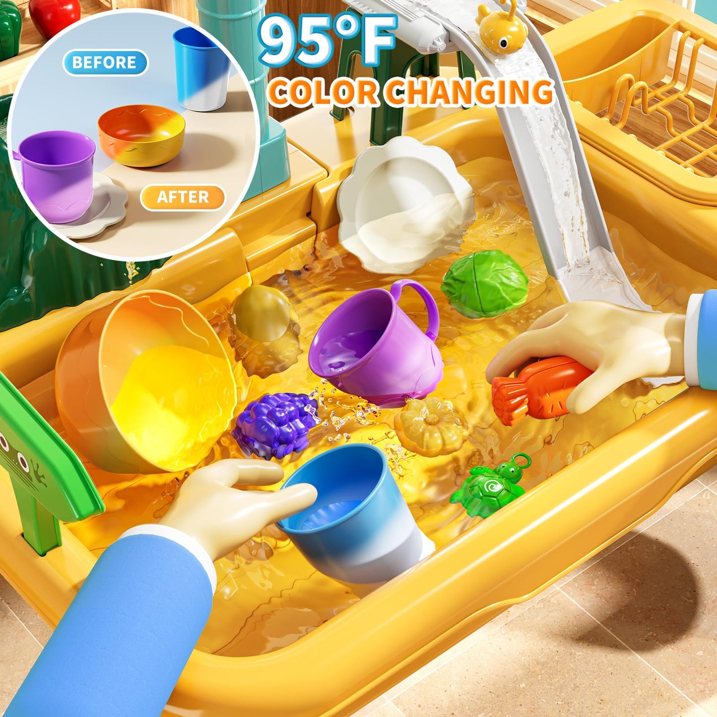 JUKUDAHU Water Table Play Sink Toy for Kids 3-8 — Outdoor Water Play, Fishing, Color-Changing Dishes