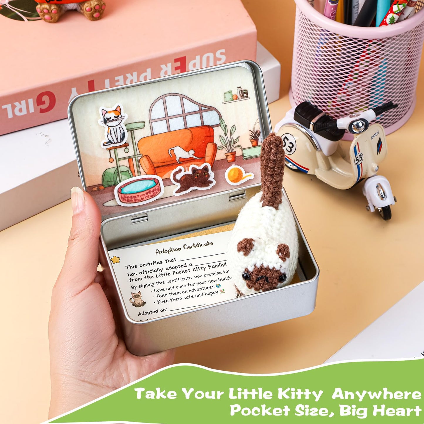 JULEASEL Little Pocket Kitty – Knitted Siamese Cat in Tin Box | DIY Adoption & Travel Buddy