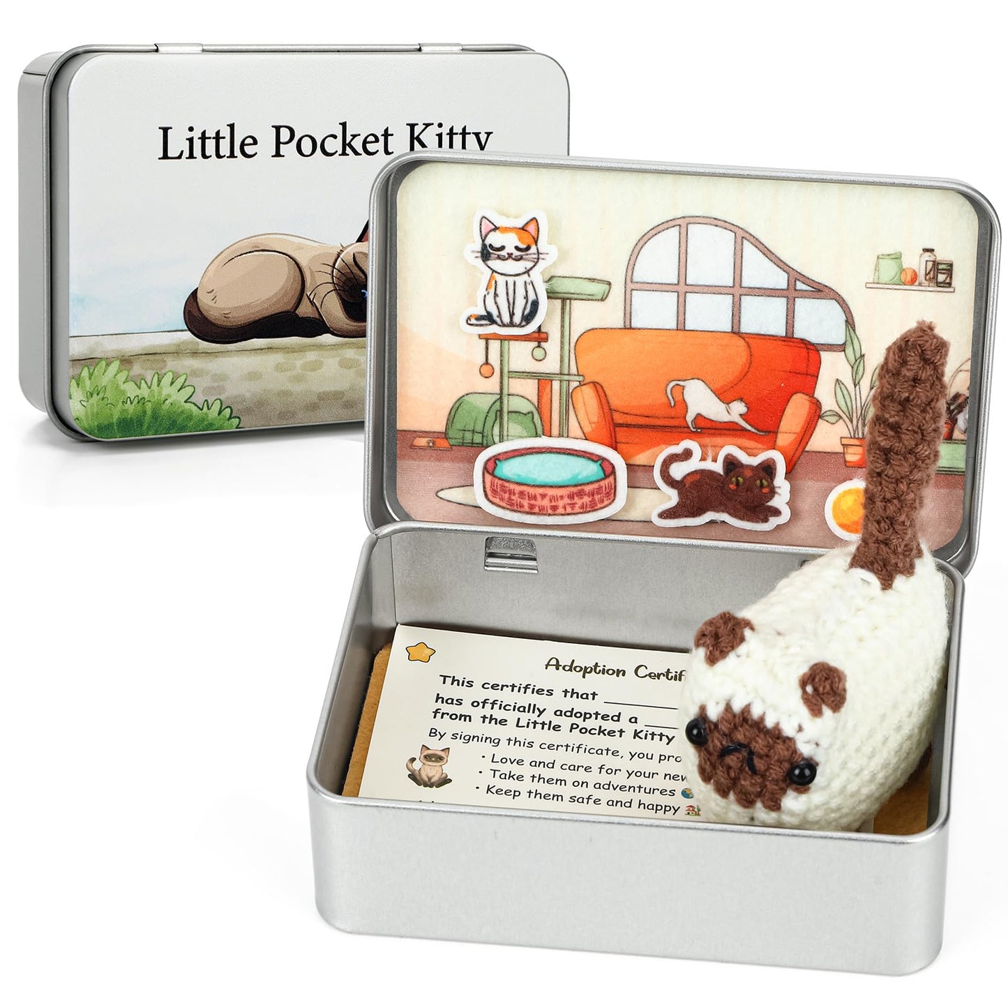 JULEASEL Little Pocket Kitty – Knitted Siamese Cat in Tin Box | DIY Adoption & Travel Buddy