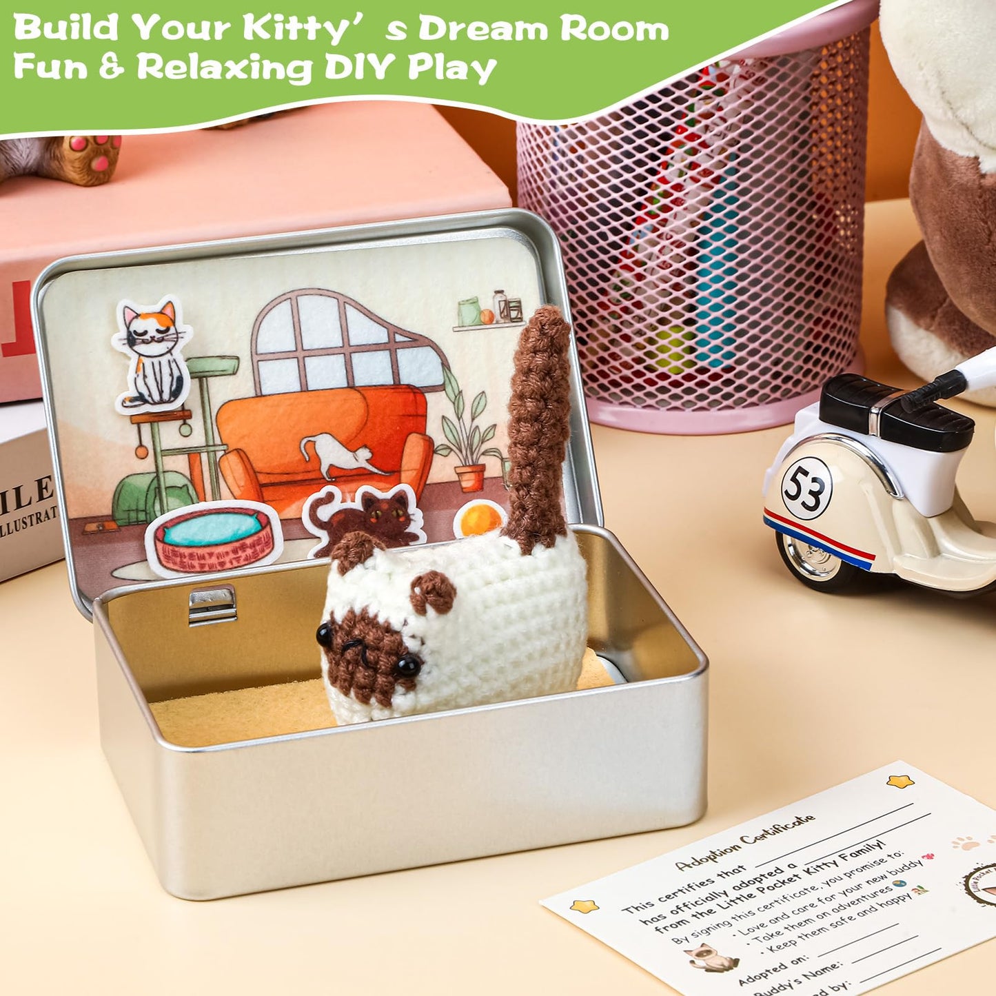 JULEASEL Little Pocket Kitty – Knitted Siamese Cat in Tin Box | DIY Adoption & Travel Buddy