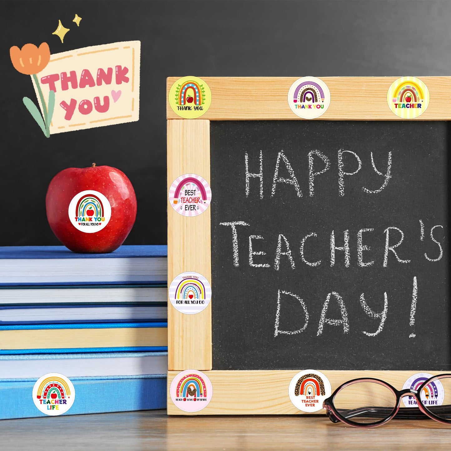 JULMELON 400 Pcs Thank You Teacher Stickers – Rainbow Round Labels & Gift Tags