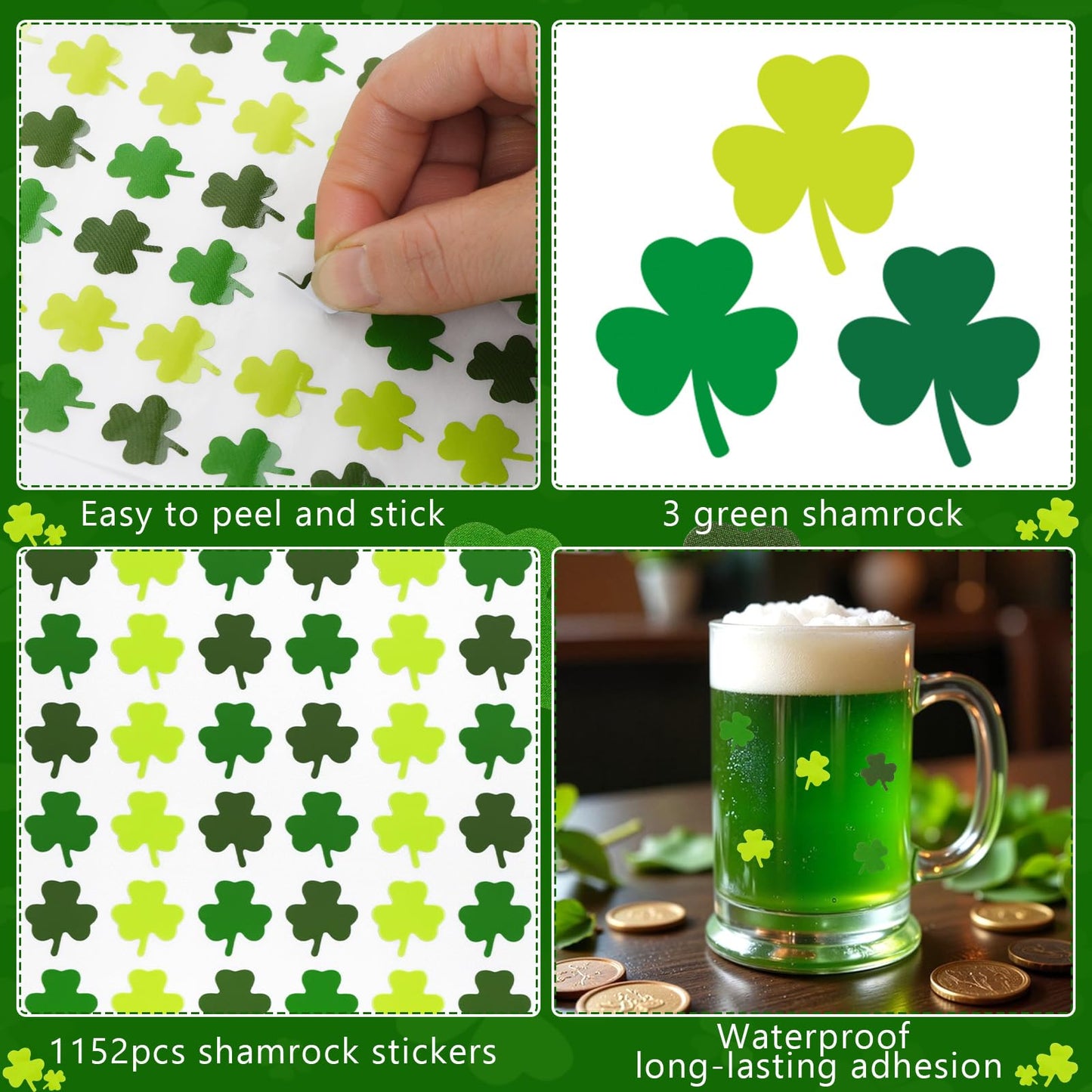JULMELON 16 Sheets St Patrick's Day Shamrock Stickers – Mini Foam Clover Decor for Kids & Classrooms