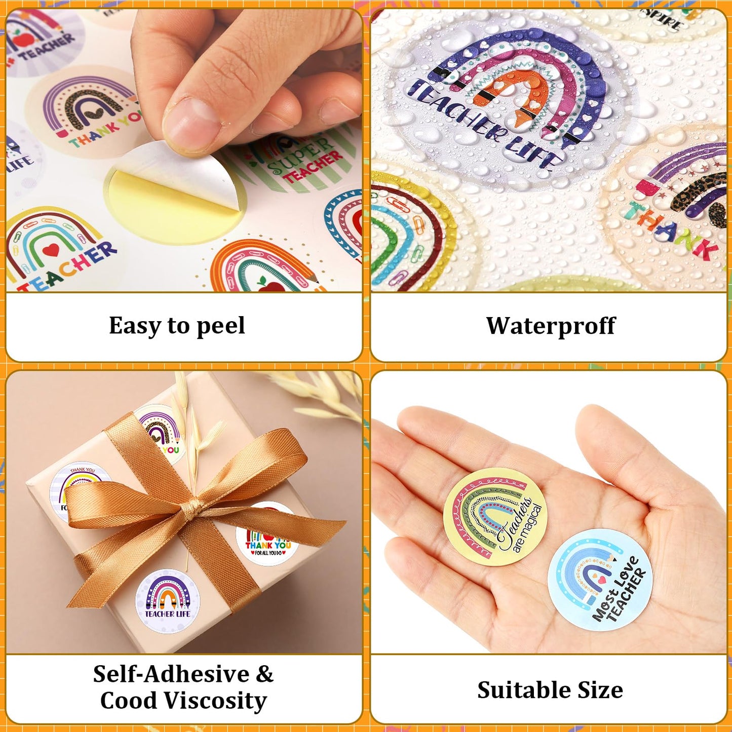 JULMELON 400 Pcs Thank You Teacher Stickers – Rainbow Round Labels & Gift Tags