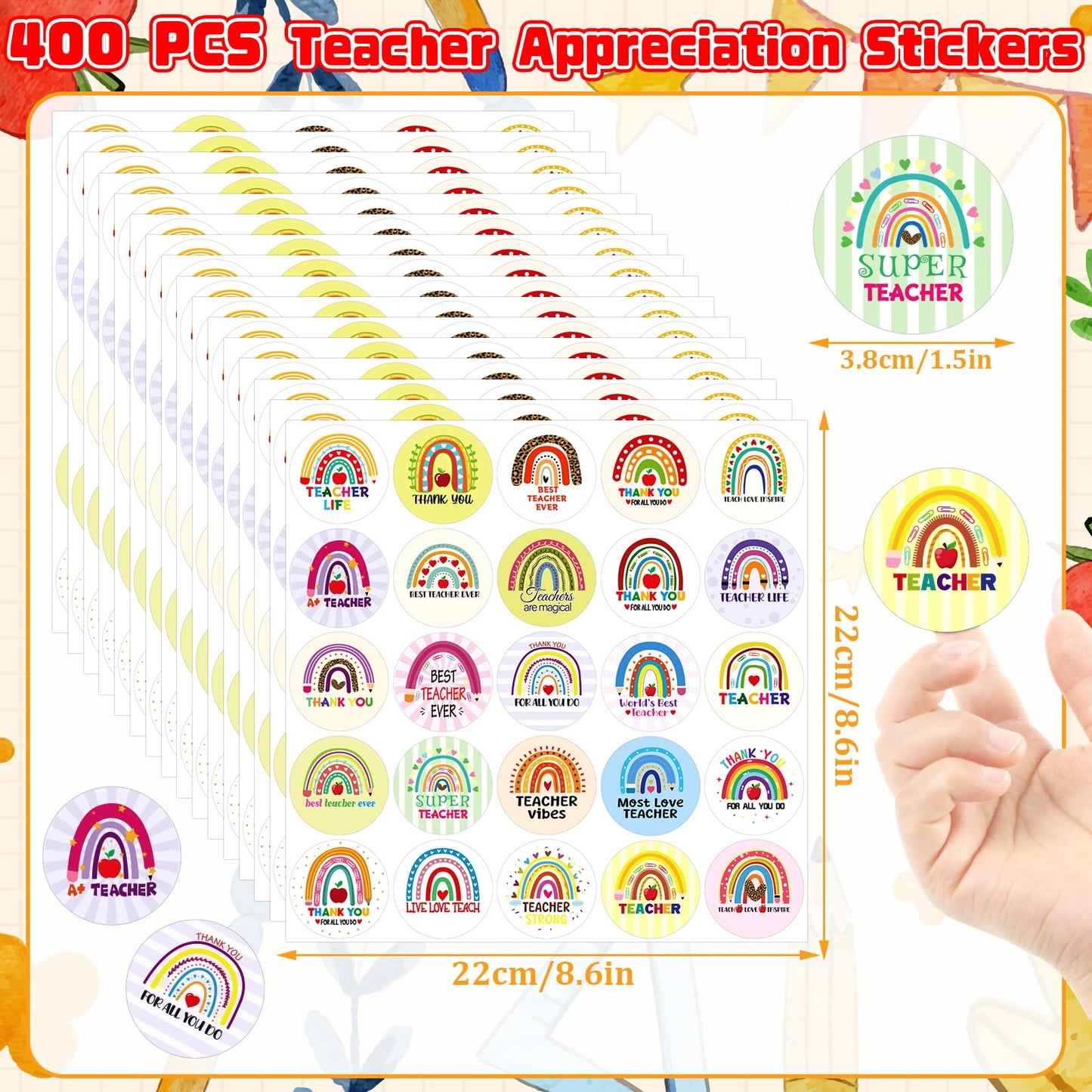 JULMELON 400 Pcs Thank You Teacher Stickers – Rainbow Round Labels & Gift Tags