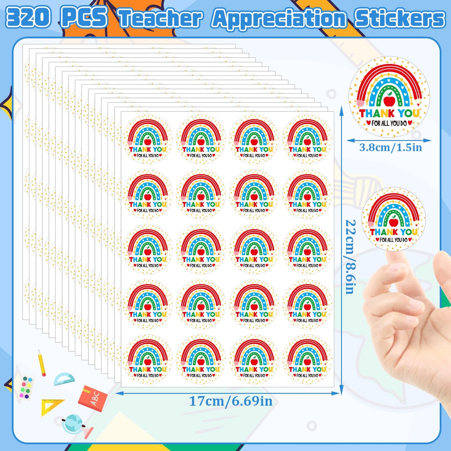 JULMELON 320 Pcs Thank You Teacher Stickers – Rainbow Round Teacher Appreciation Labels