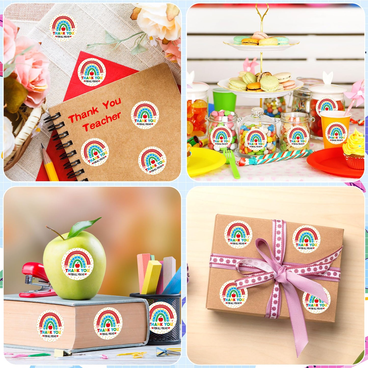 JULMELON 320 Pcs Thank You Teacher Stickers – Rainbow Round Teacher Appreciation Labels