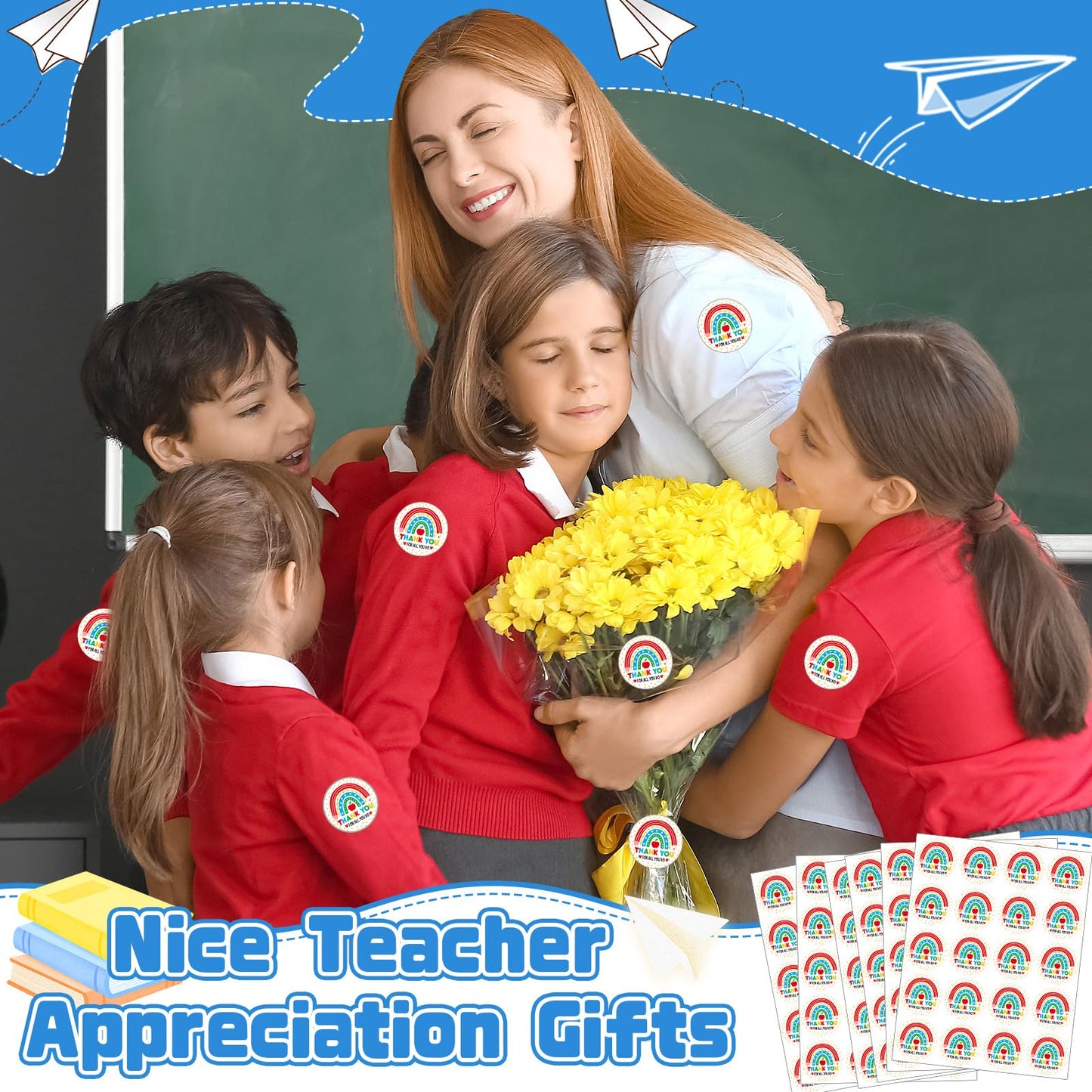 JULMELON 320 Pcs Thank You Teacher Stickers – Rainbow Round Teacher Appreciation Labels