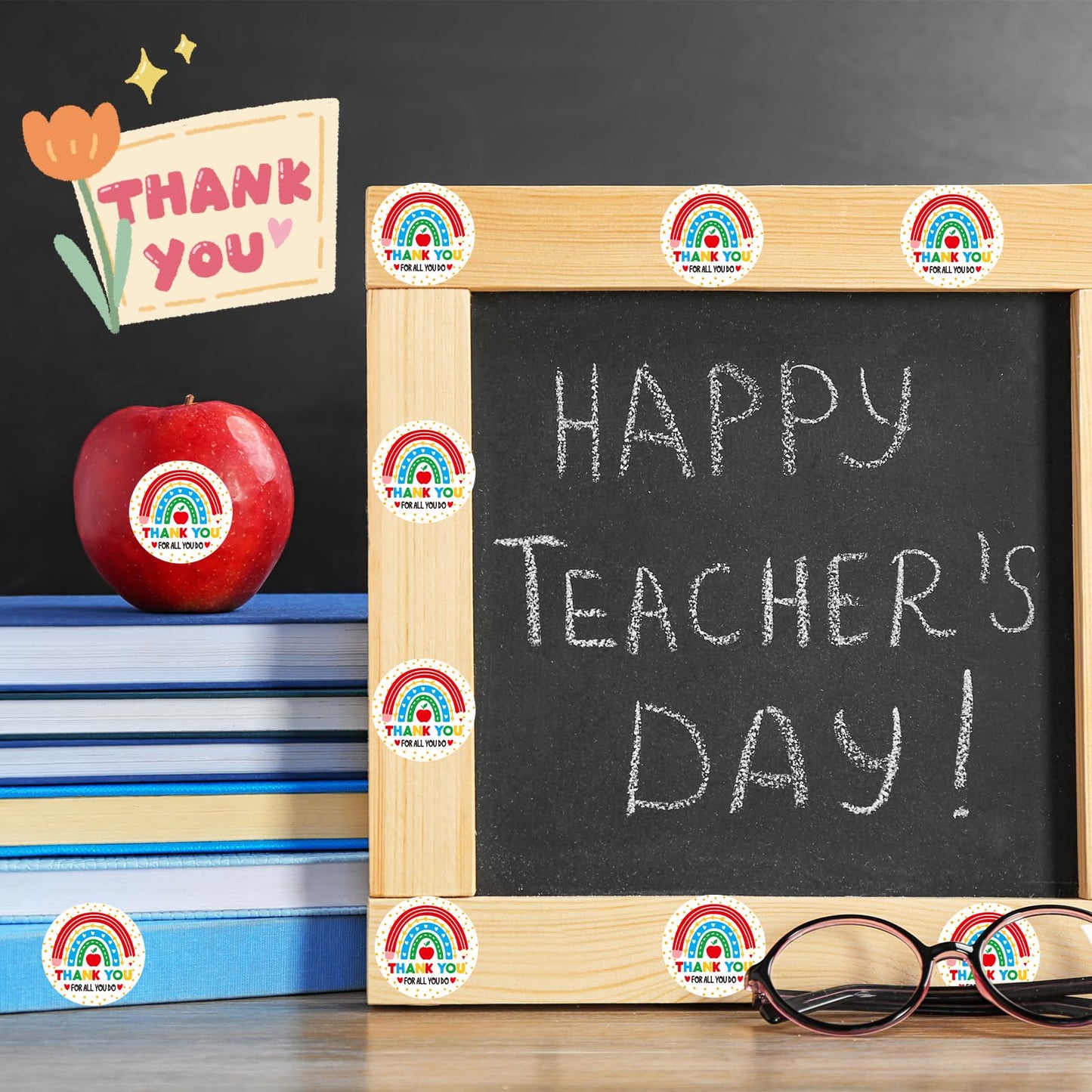 JULMELON 320 Pcs Thank You Teacher Stickers – Rainbow Round Teacher Appreciation Labels