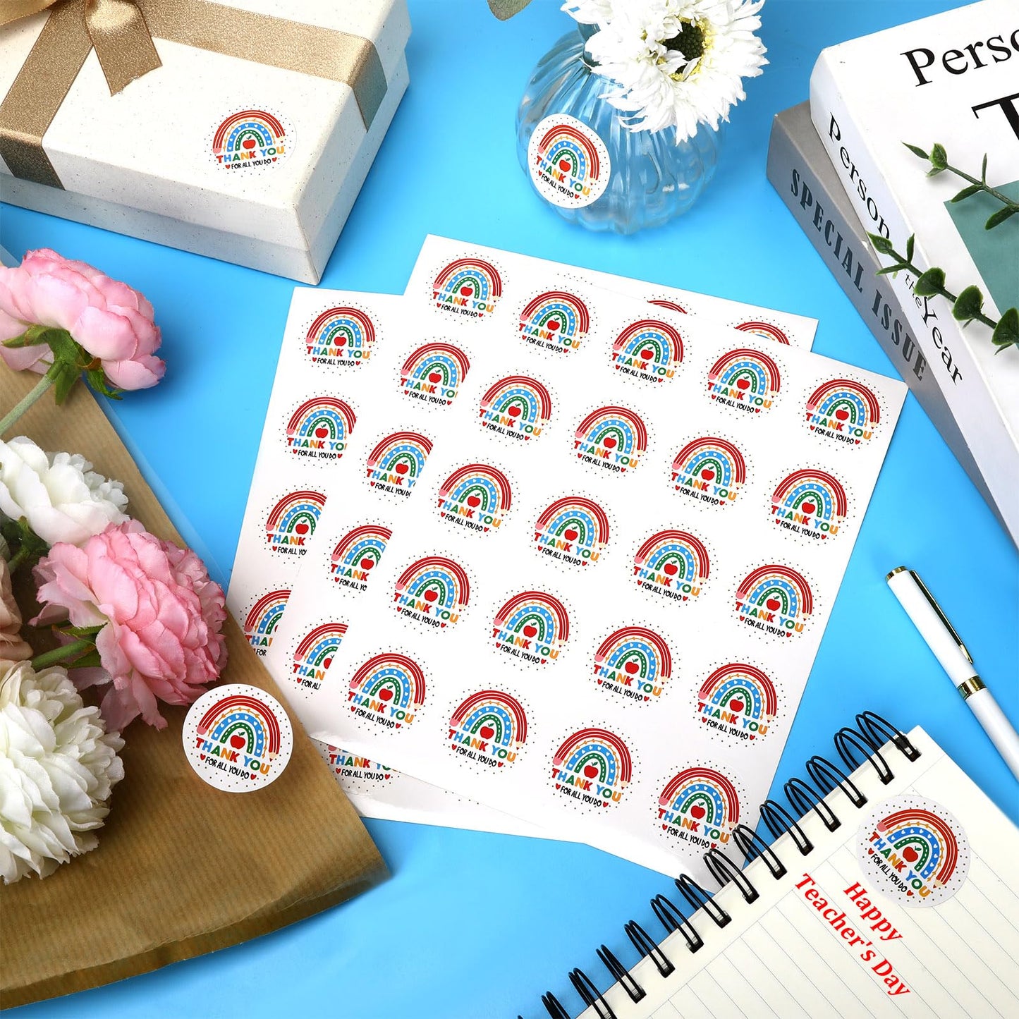 JULMELON 320 Pcs Thank You Teacher Stickers – Rainbow Round Teacher Appreciation Labels