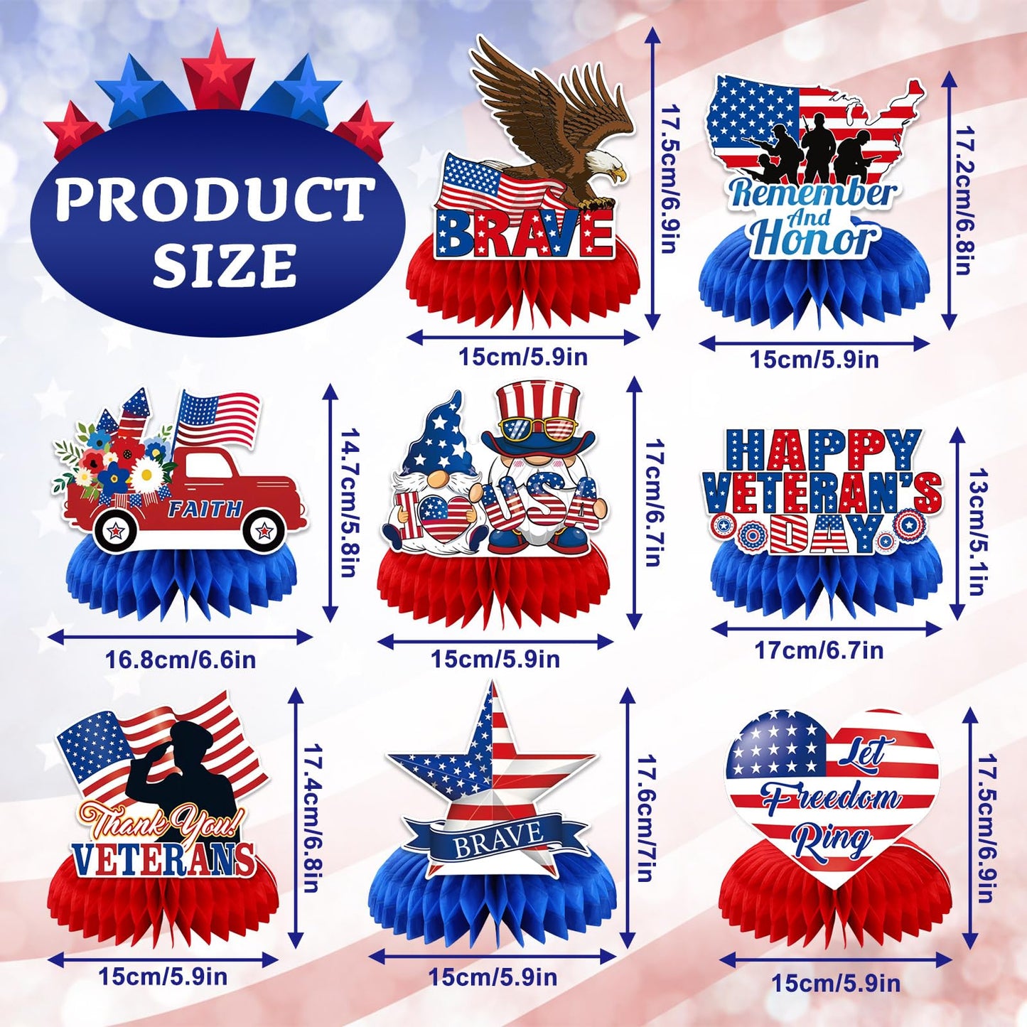JULMELON 8-Piece Veterans Day Table Decorations | Honeycomb Centerpieces | 3D Double-Sided