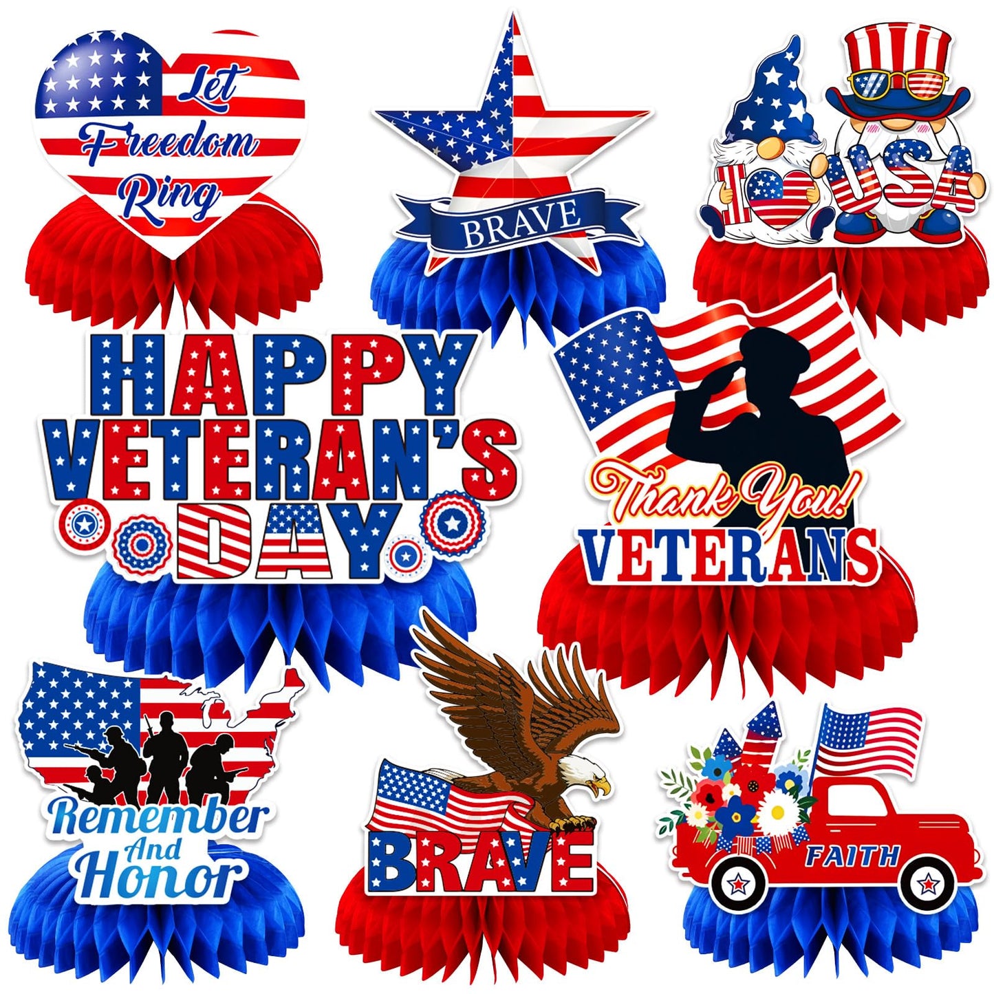 JULMELON 8-Piece Veterans Day Table Decorations | Honeycomb Centerpieces | 3D Double-Sided
