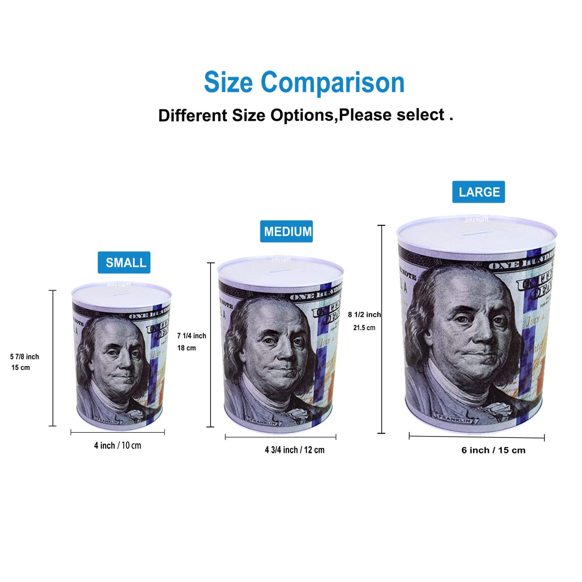 Julysgift 100 Dollar Bill Piggy Bank - 5 7/8 in Tall Tin Coin Jar