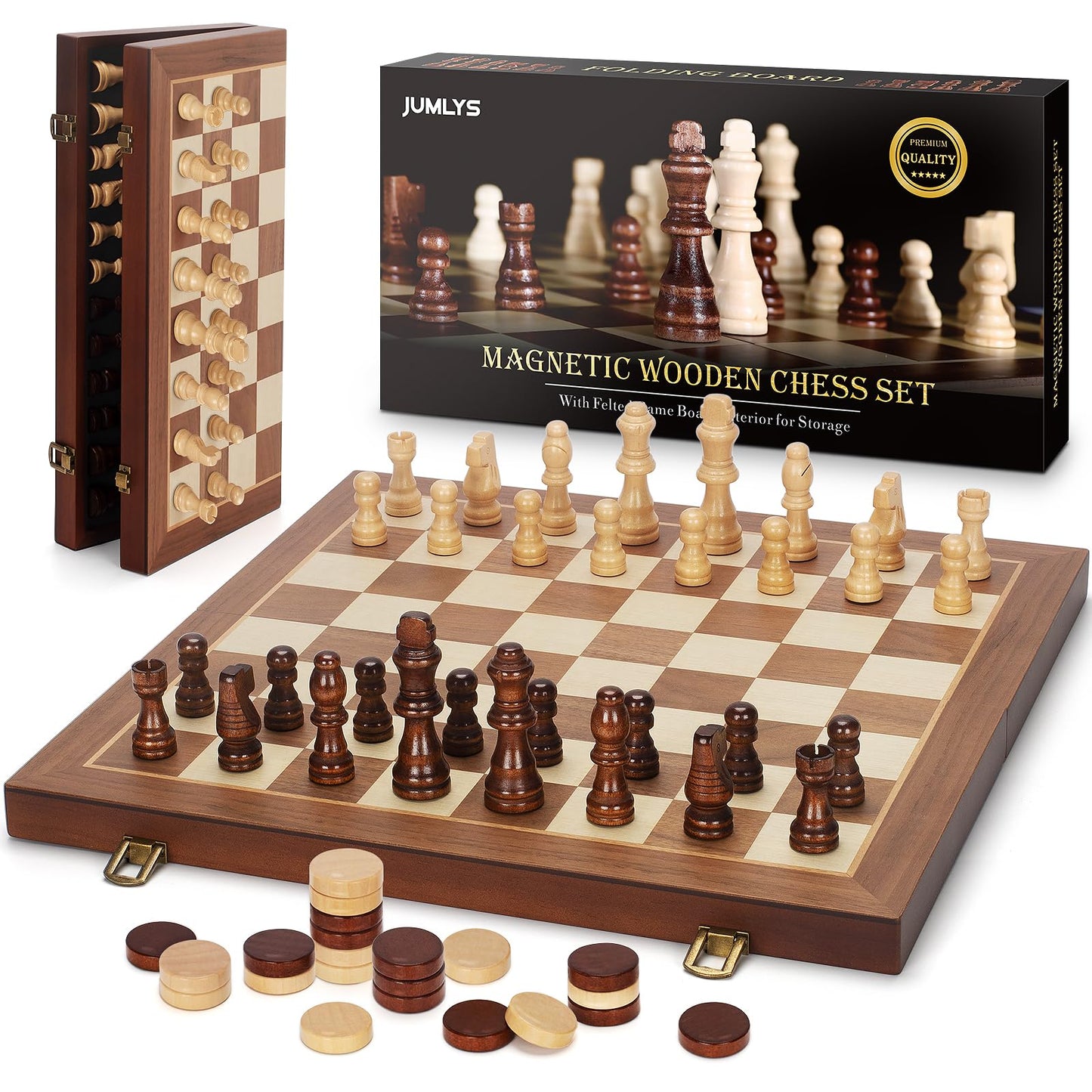 Jumlys 2-in-1 Magnetic Chess Set & Checkers Board – 15" Folding Wooden Travel Game